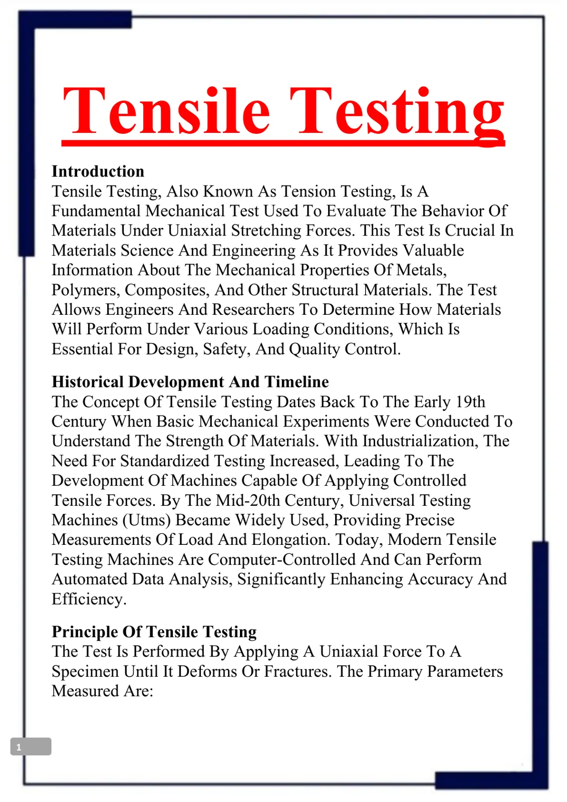 غلاف تقرير Tensile Testing