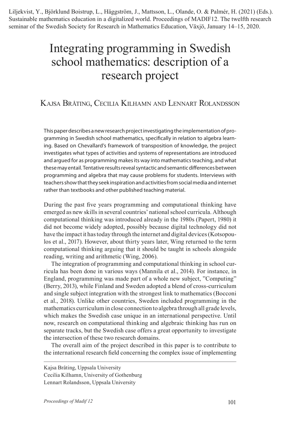 غلاف تقرير Integrating Programming in Swedish School Mathematics: Description of a Research Project