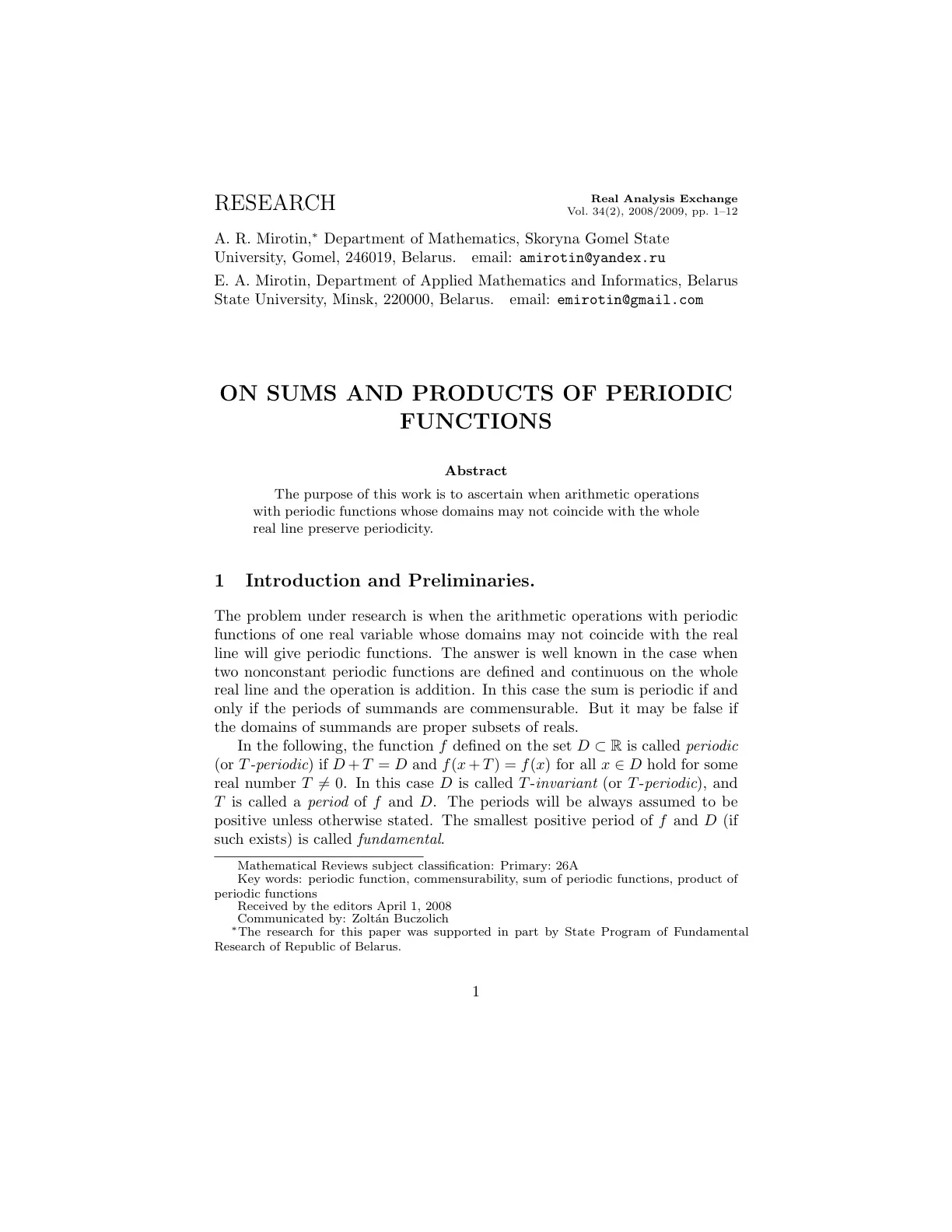 غلاف تقرير ON SUMS AND PRODUCTS OF PERIODIC FUNCTIONS