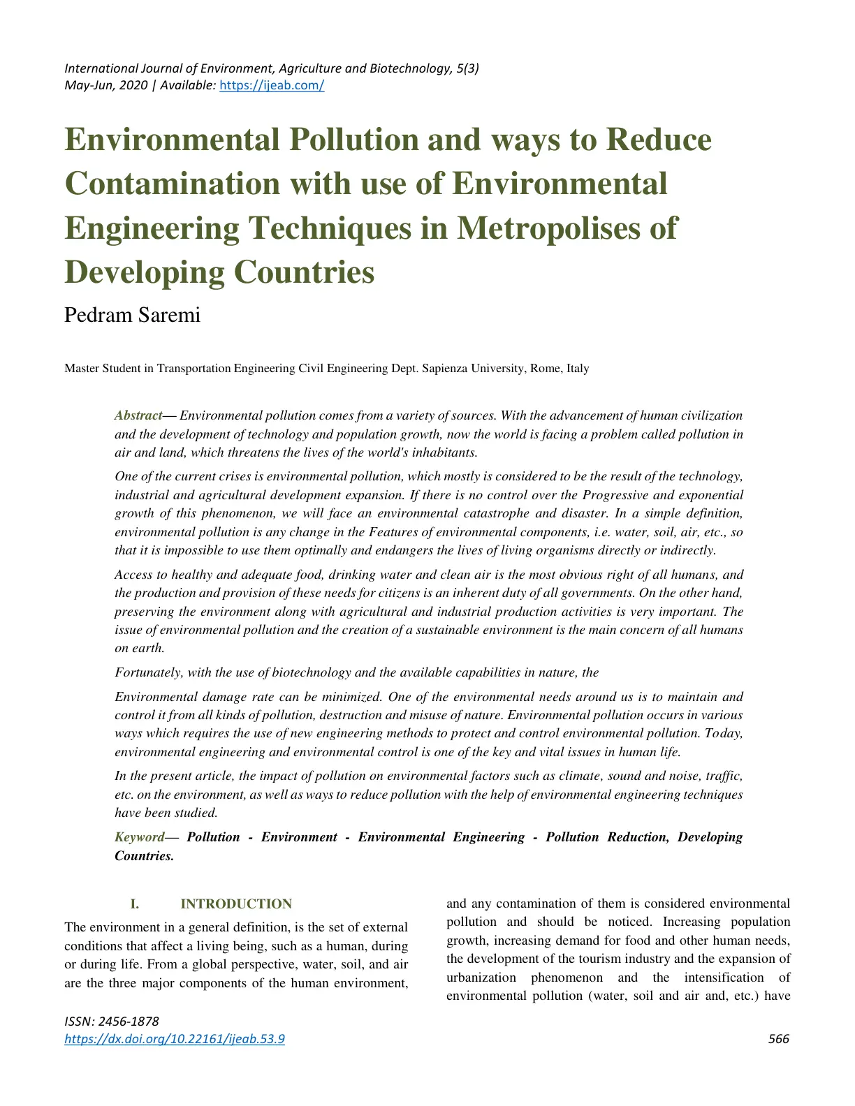 غلاف تقرير Environmental Pollution and ways to Reduce Contamination with use of Environmental Engineering Techniques in Metropolises of Developing Countries