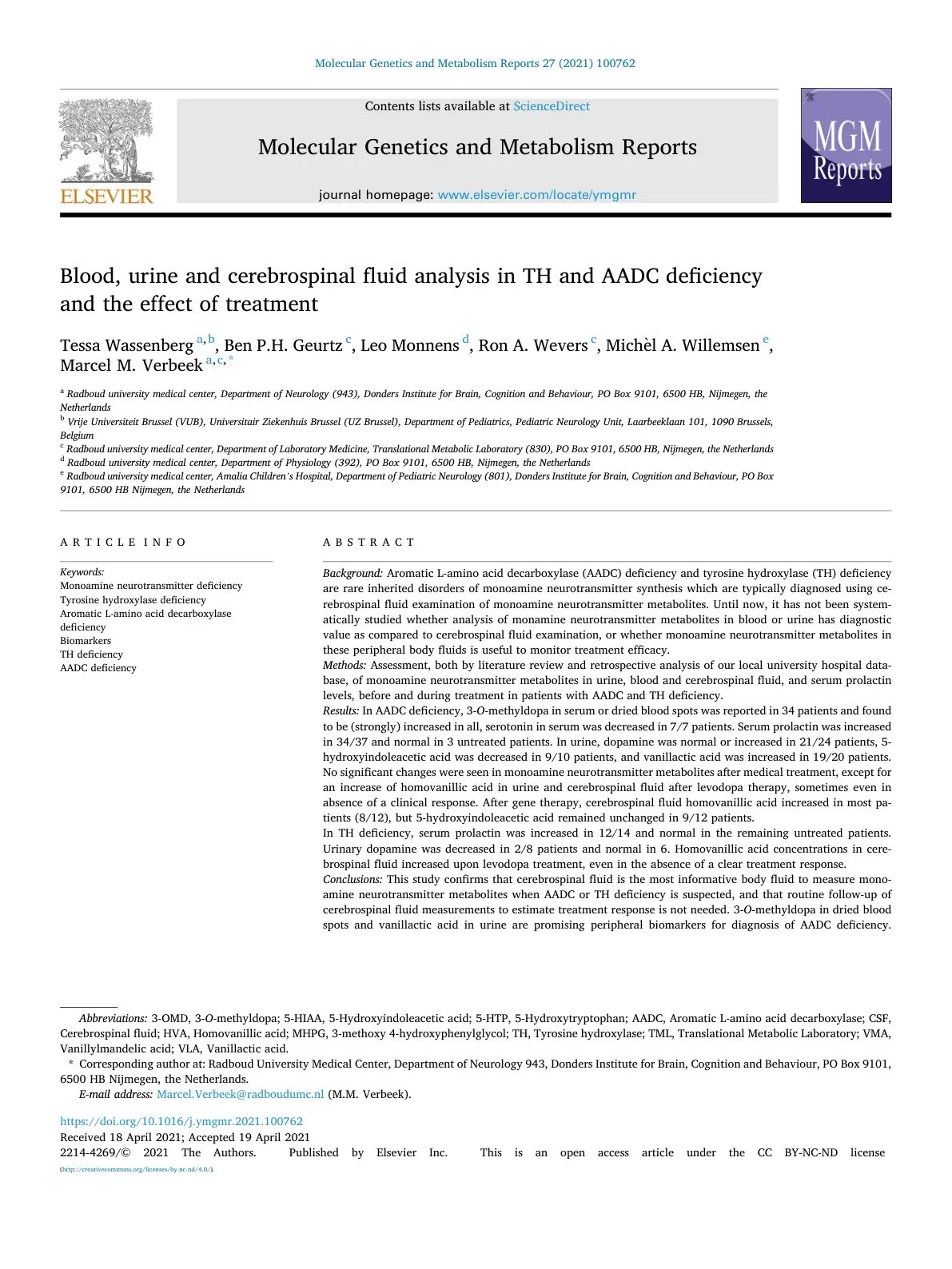 غلاف تقرير Blood, urine and cerebrospinal fluid analysis in TH and AADC deficiency and the effect of treatment