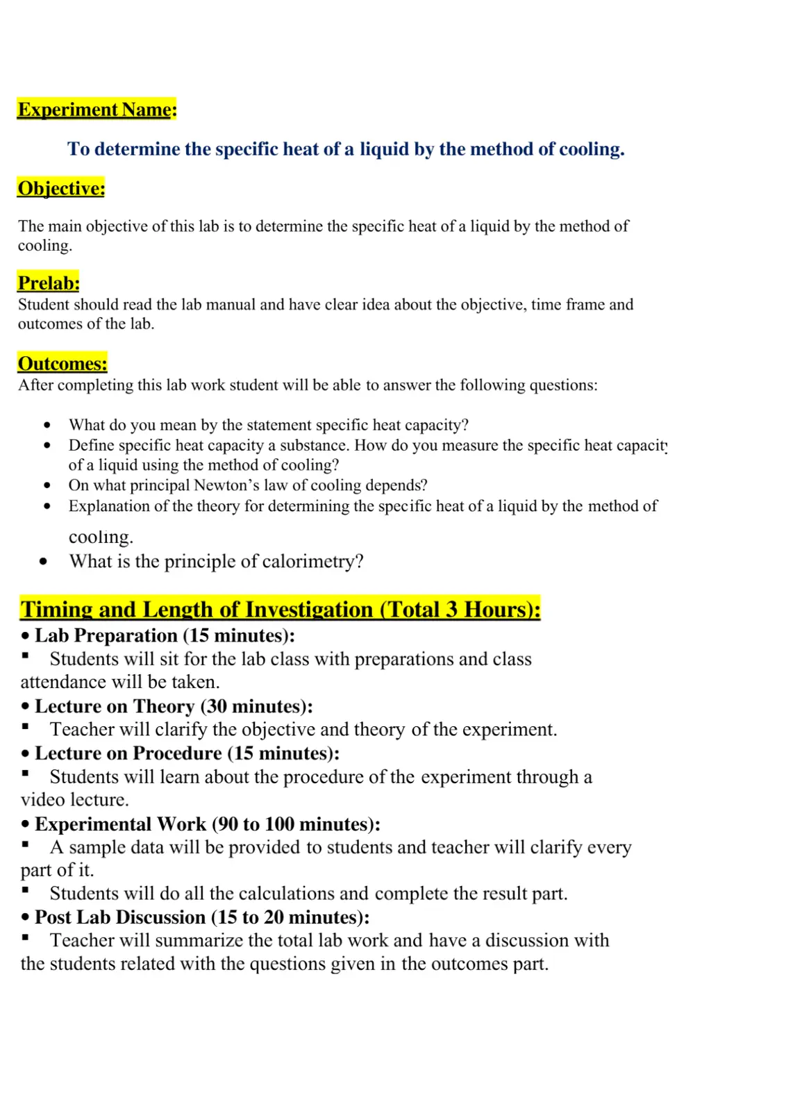 غلاف تقرير To Determine the Specific Heat of a Liquid by the Method of Cooling