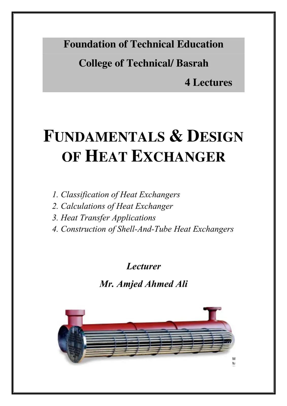 غلاف تقرير Fundamentals & Design of Heat Exchanger