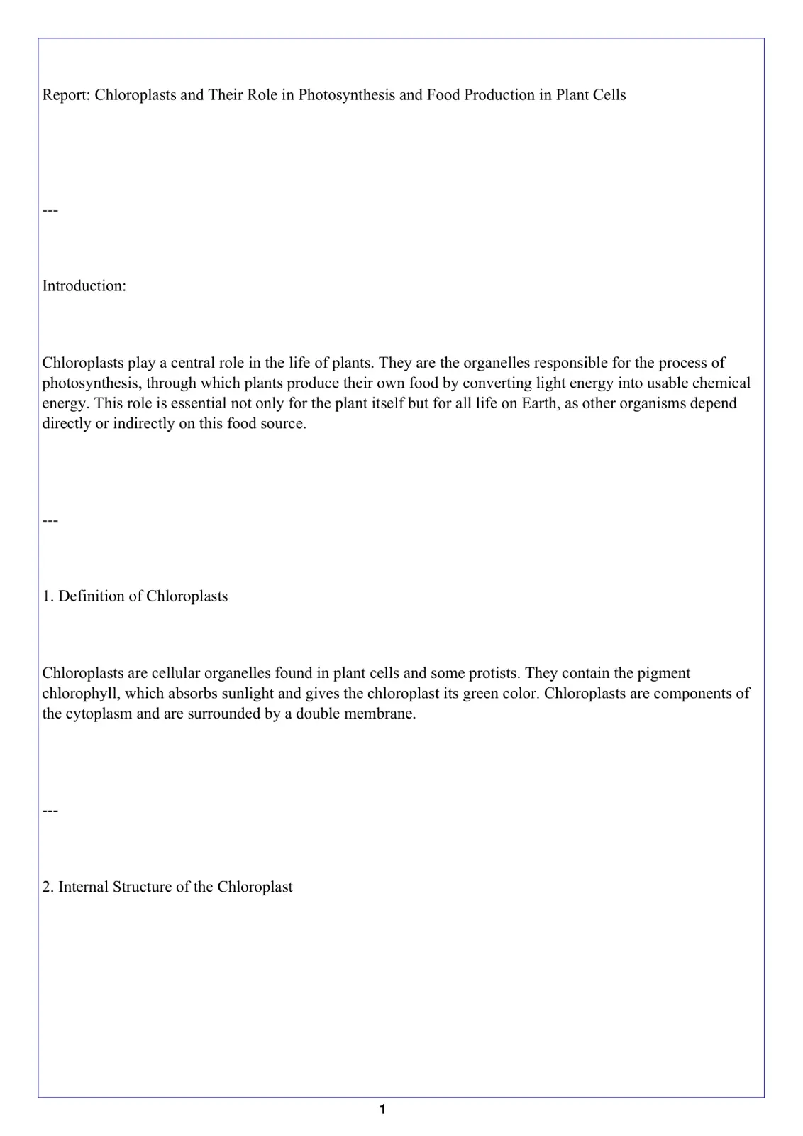 غلاف تقرير Chloroplasts and Their Role in Photosynthesis and Food Production in Plant Cells