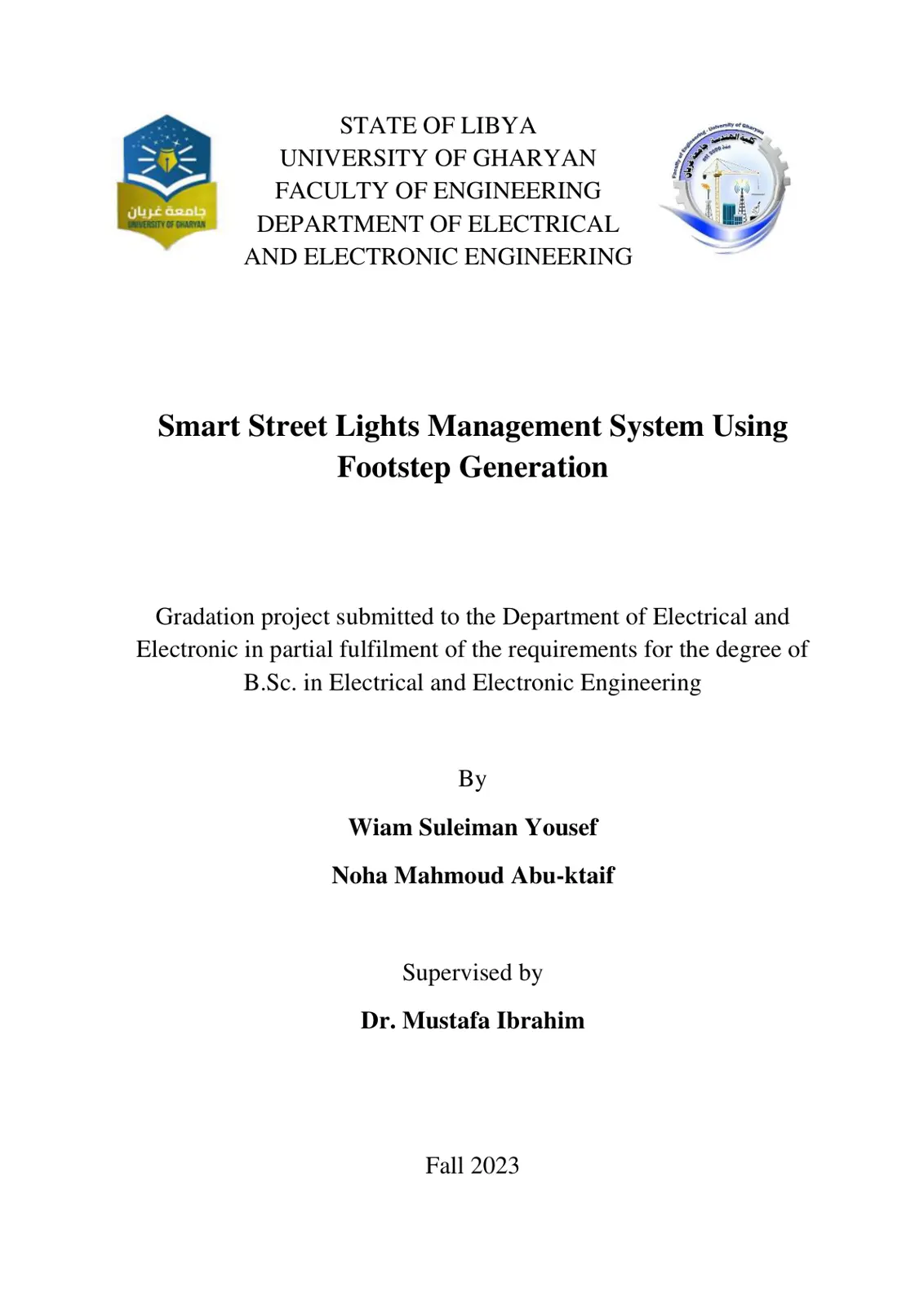 غلاف تقرير Smart Street Lights Management System Using Footstep Generation