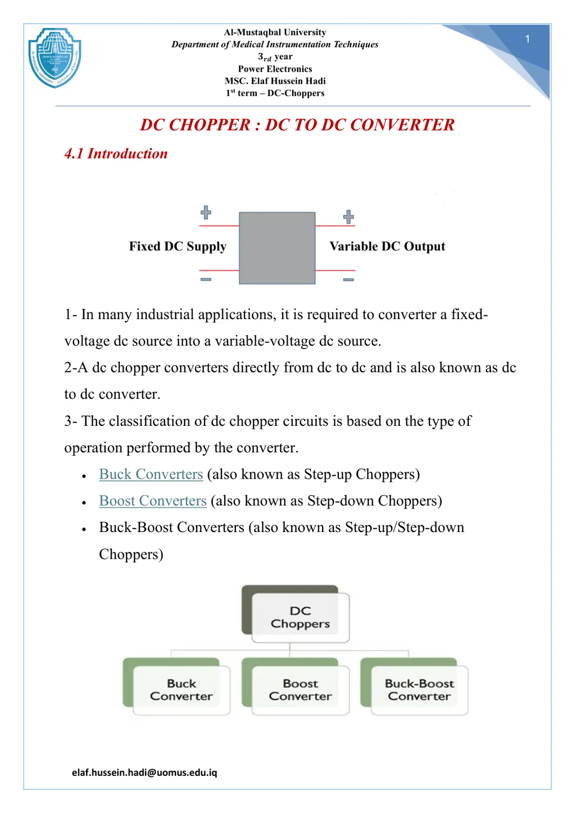 غلاف تقرير DC-Choppers: DC to DC Converter