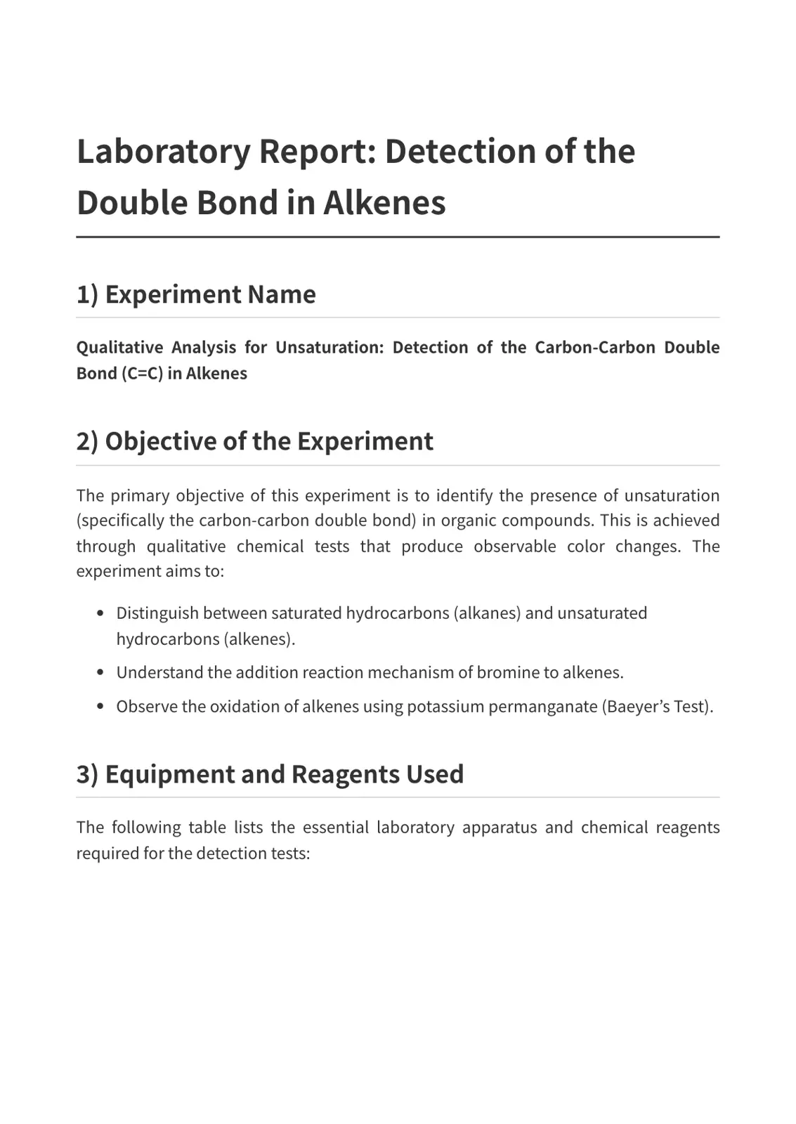 غلاف تقرير Laboratory Report: Detection of the Double Bond in Alkenes