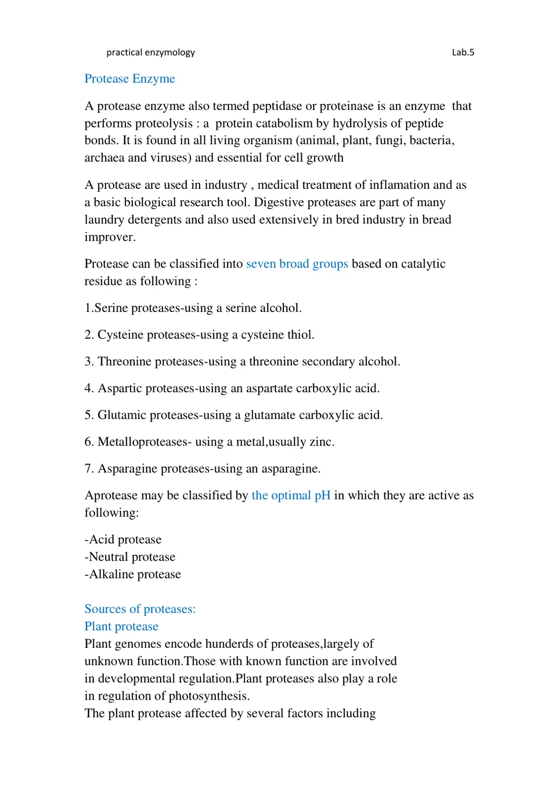 غلاف تقرير Practical Enzymology - Protease Enzyme