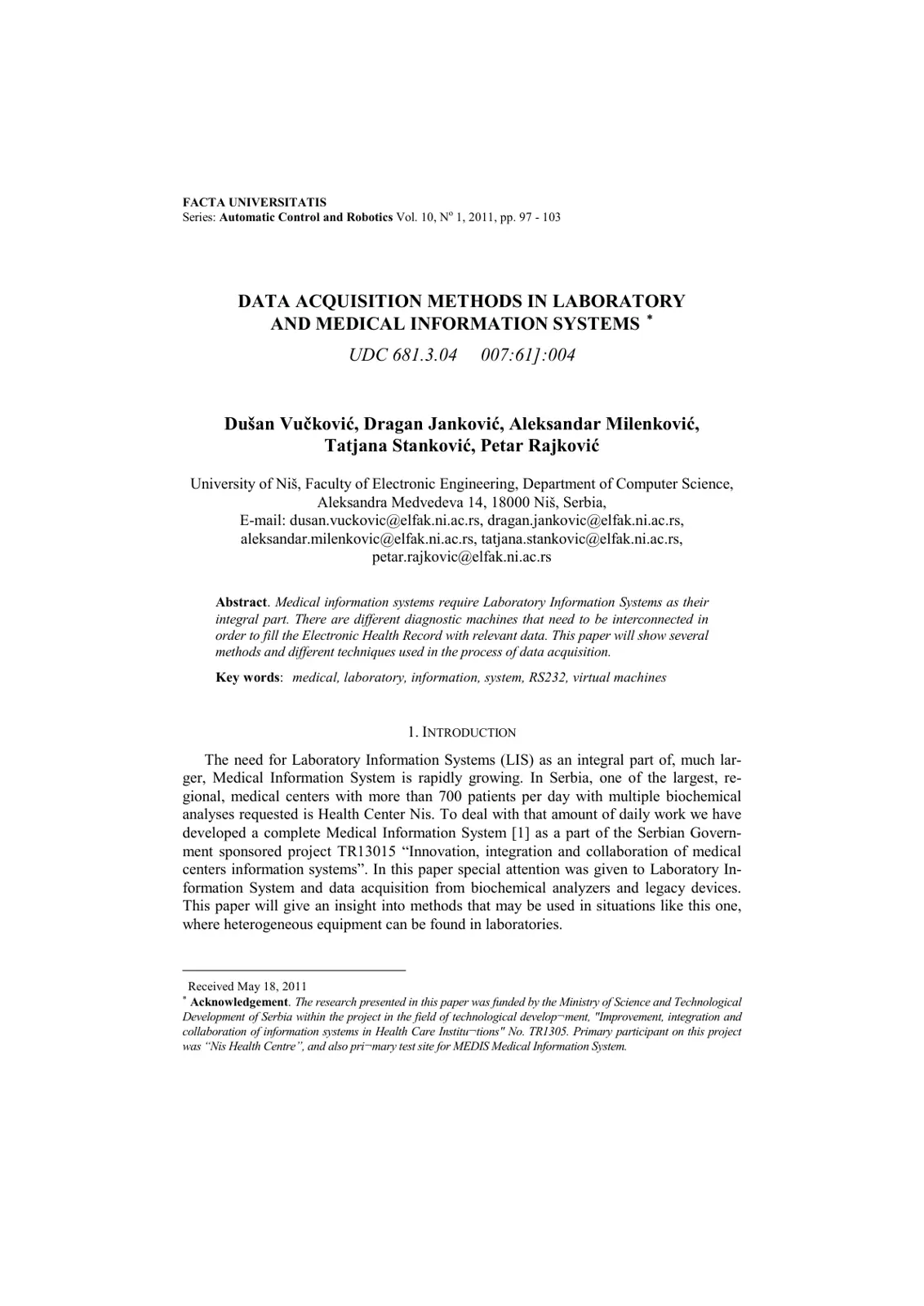 غلاف تقرير DATA ACQUISITION METHODS IN LABORATORY AND MEDICAL INFORMATION SYSTEMS