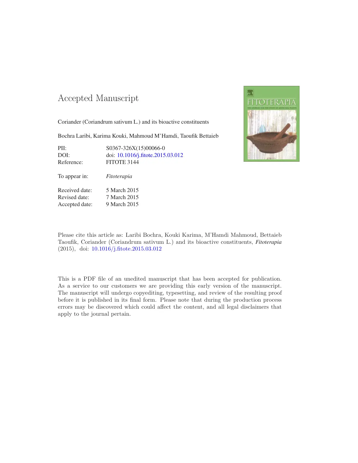 غلاف تقرير Coriander (Coriandrum sativum L.) and its bioactive constituents
