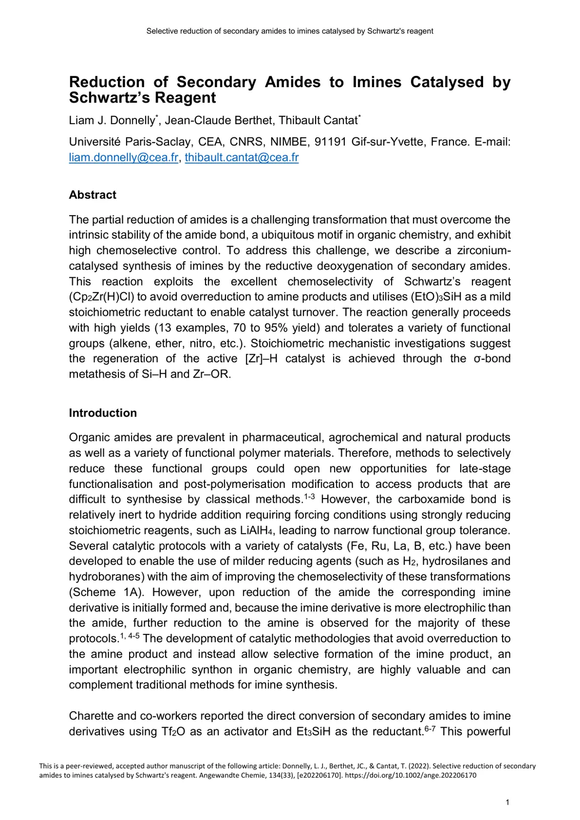 غلاف تقرير Selective reduction of secondary amides to imines catalysed by Schwartz's reagent