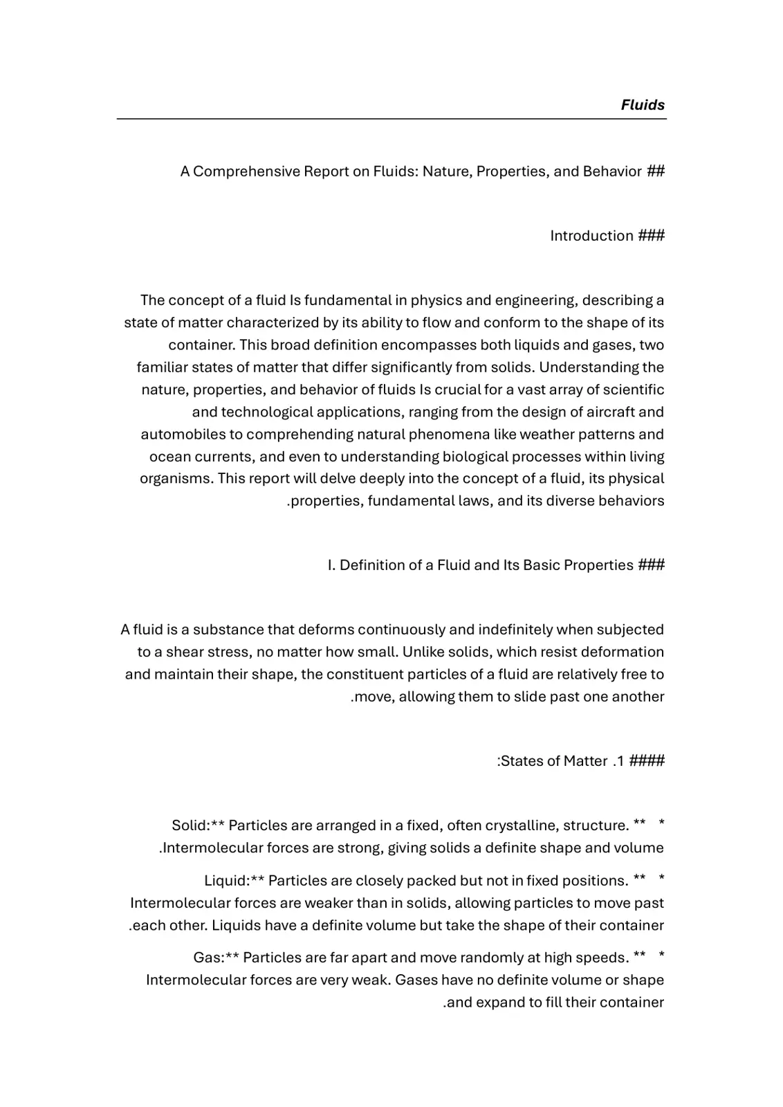 غلاف تقرير A Comprehensive Report on Fluids: Nature, Properties, and Behavior
