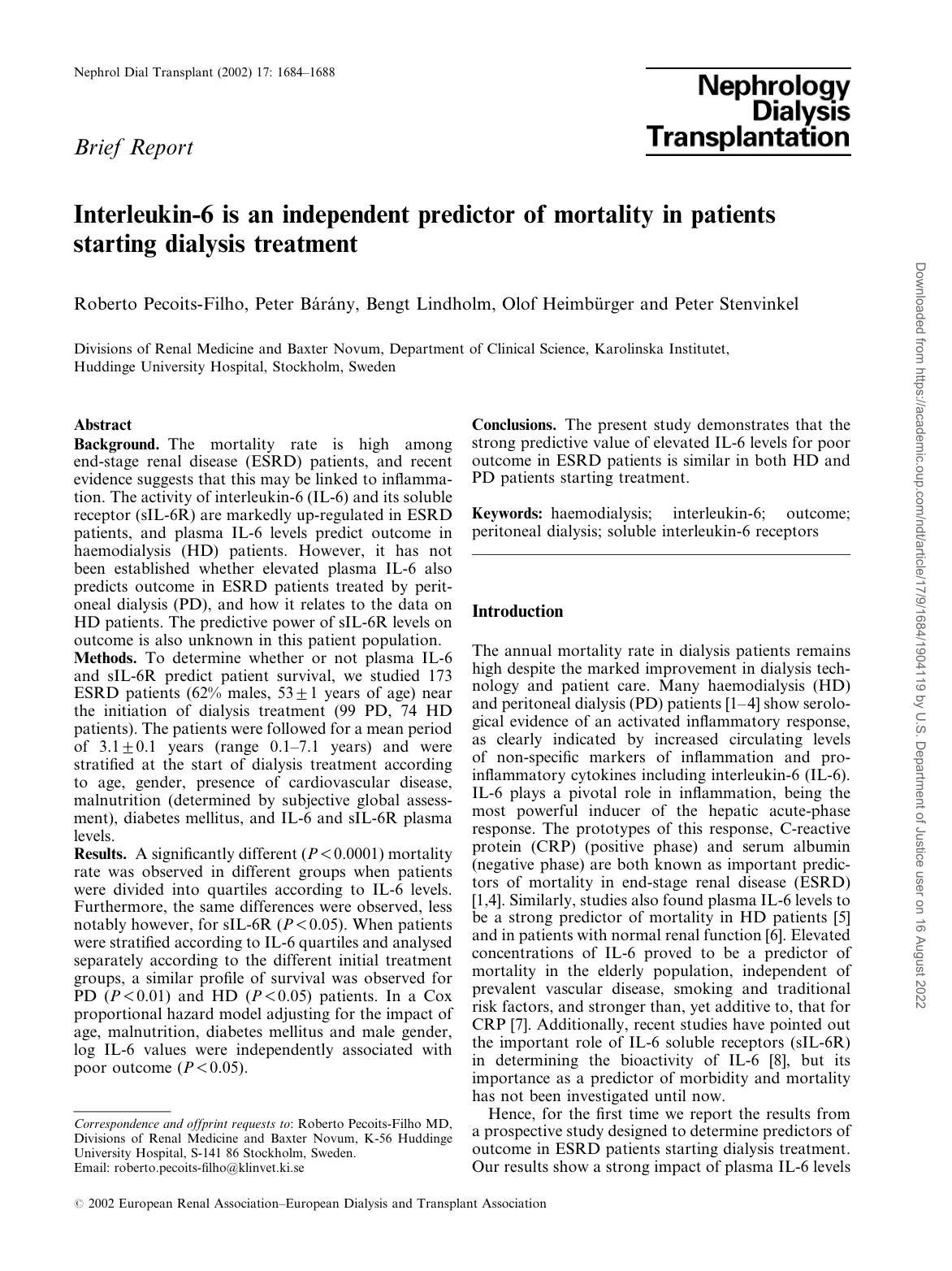 غلاف تقرير Interleukin-6 is an independent predictor of mortality in patients starting dialysis treatment