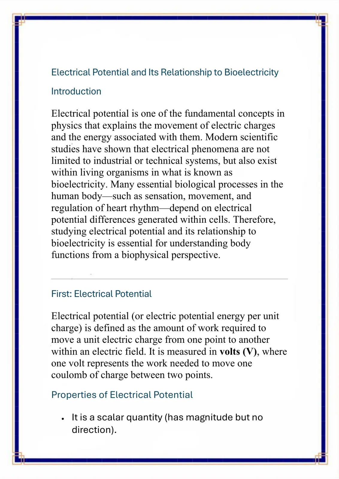 غلاف تقرير Electrical Potential and Its Relationship to Bioelectricity