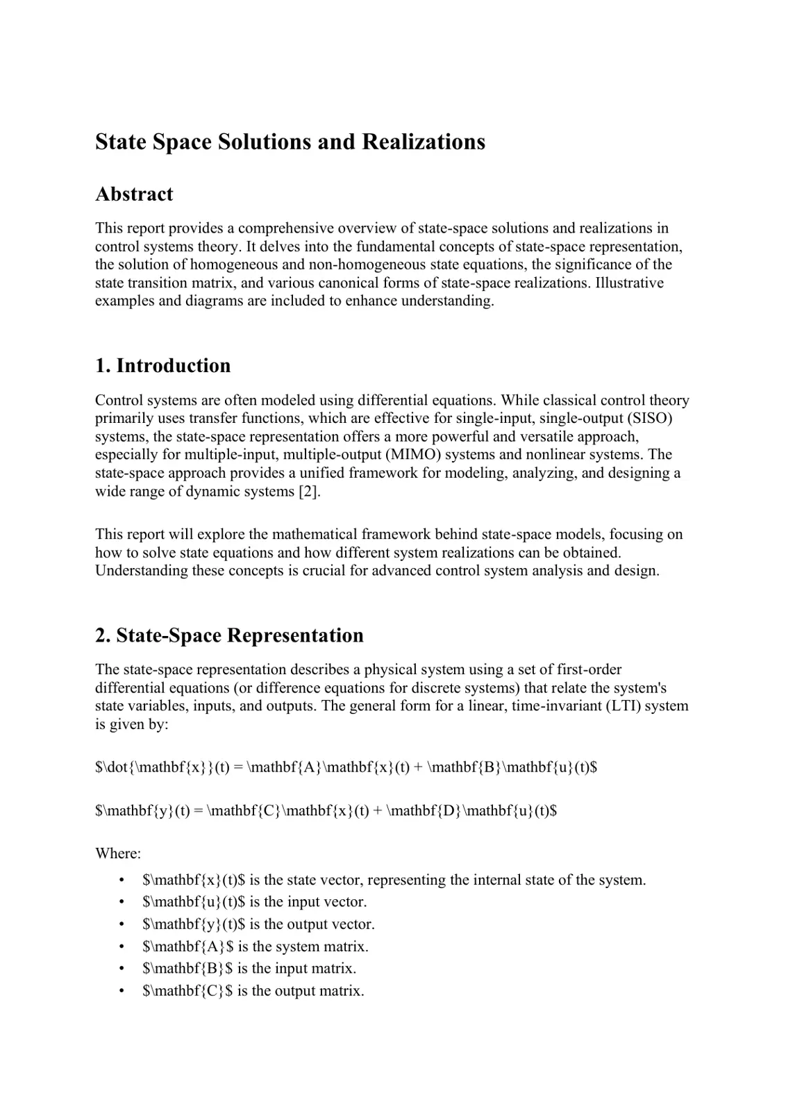 غلاف تقرير State Space Solutions and Realizations
