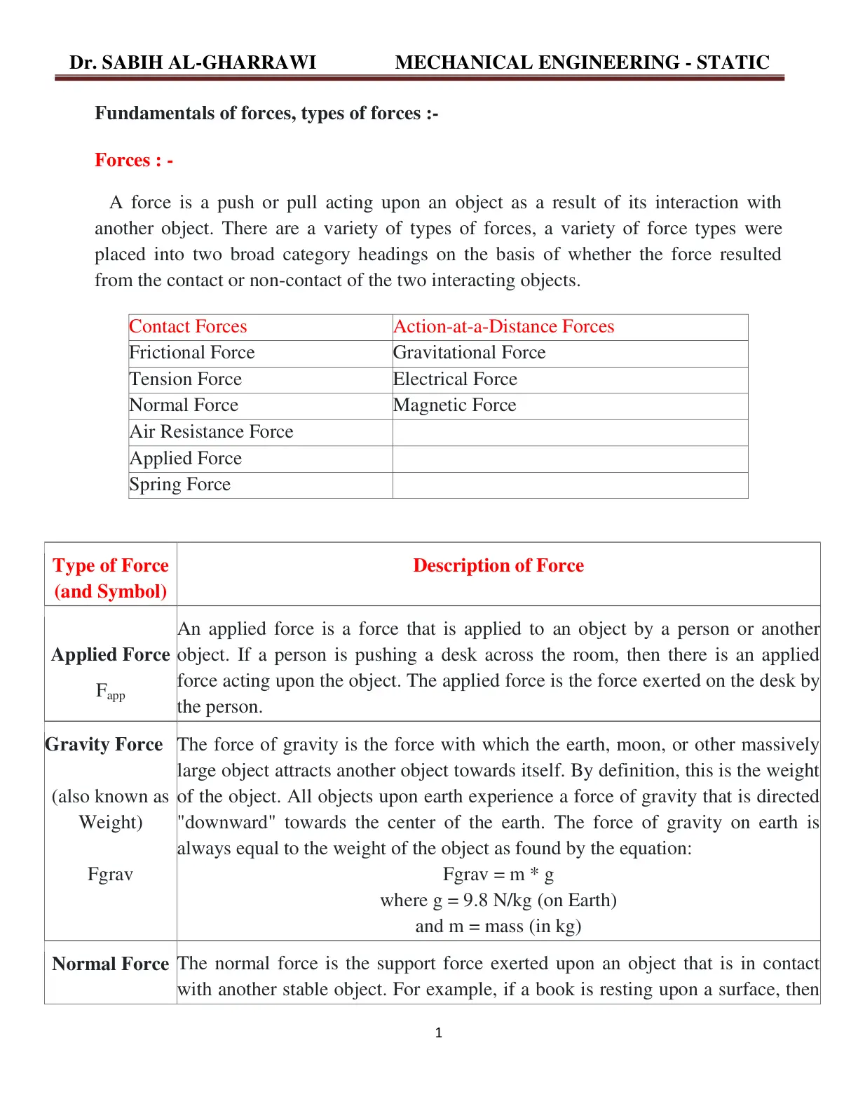 غلاف تقرير MECHANICAL ENGINEERING - STATIC - Fundamentals of forces, types of forces :-