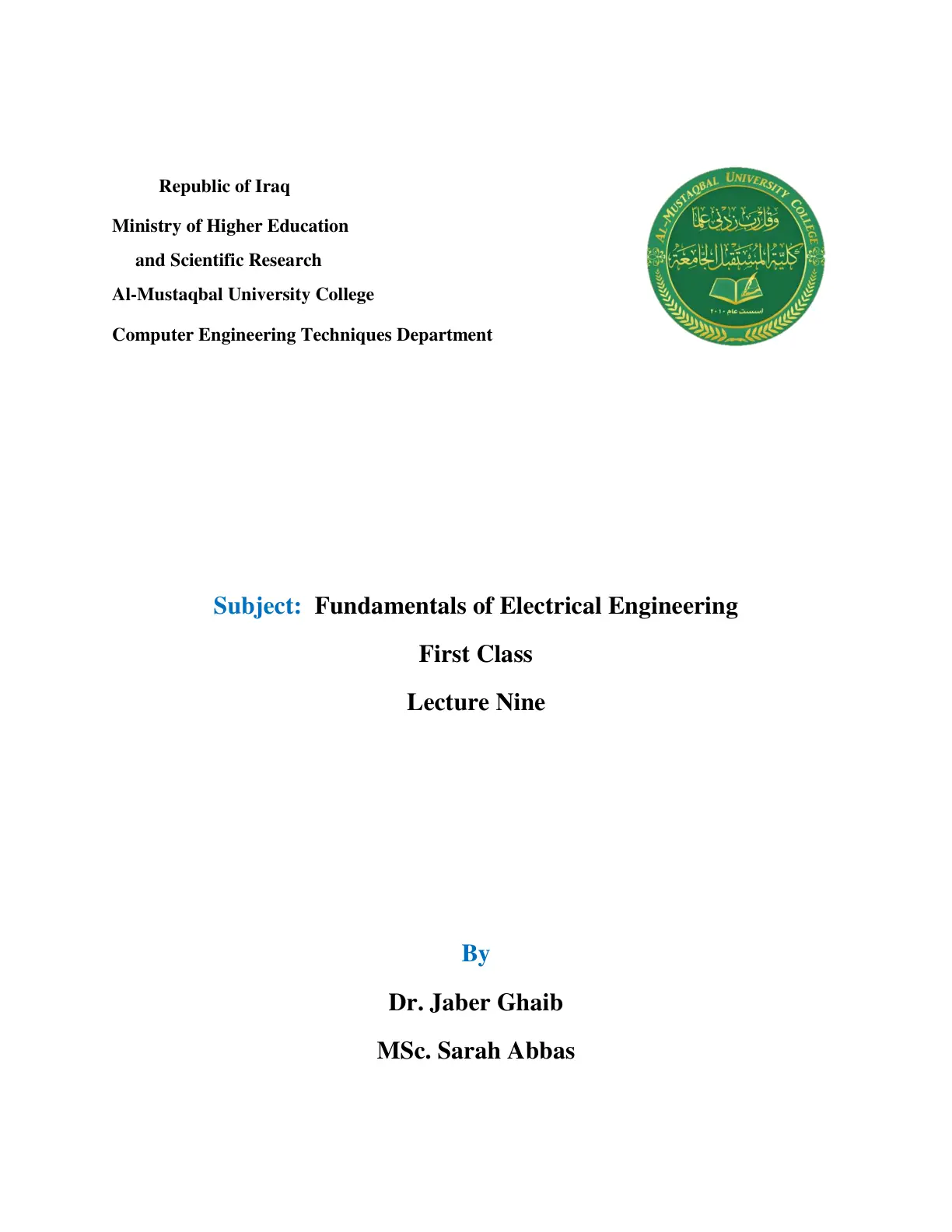 غلاف تقرير Fundamentals of Electrical Engineering: Lecture Nine