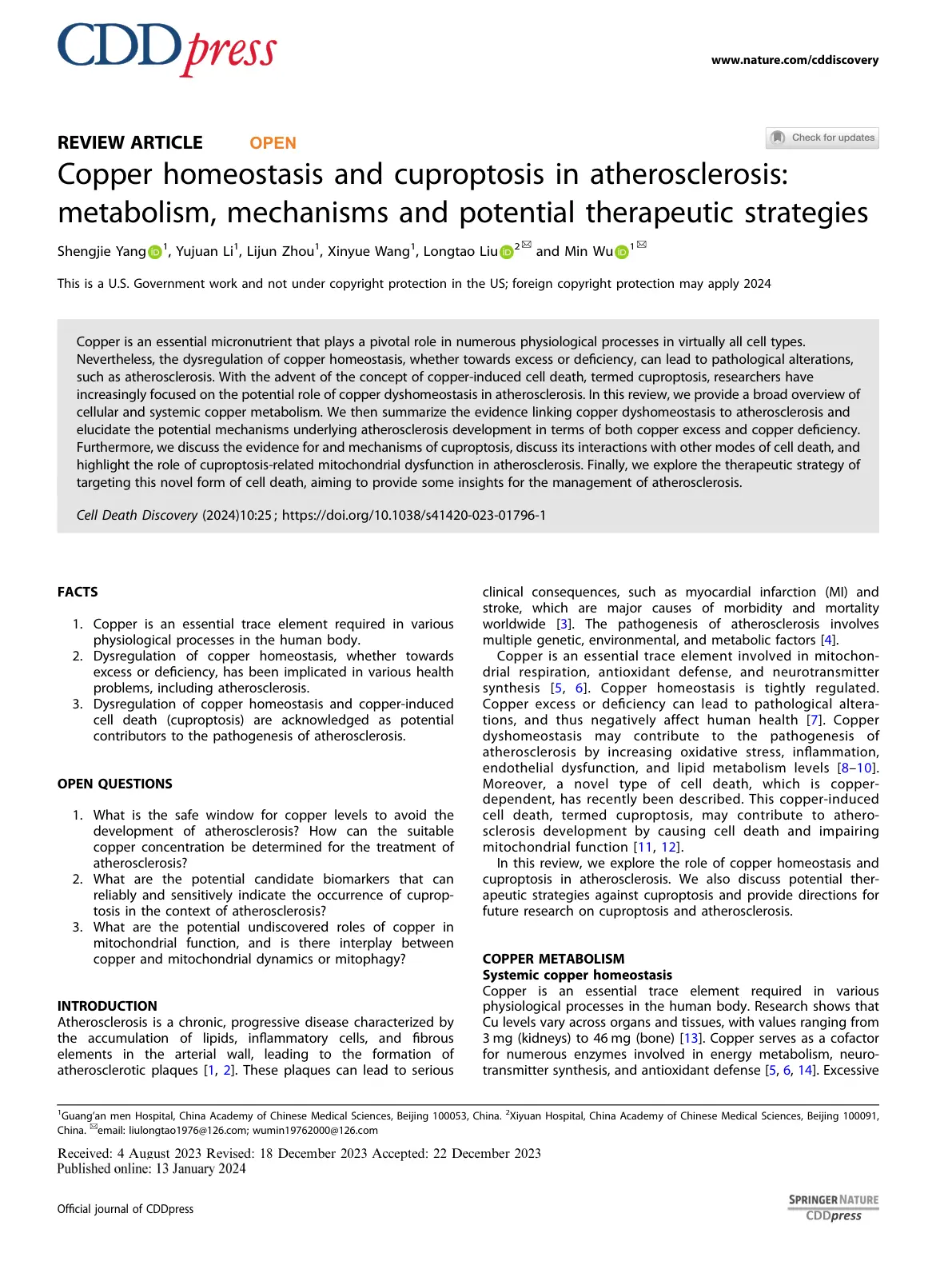 غلاف تقرير Copper homeostasis and cuproptosis in atherosclerosis: metabolism, mechanisms and potential therapeutic strategies