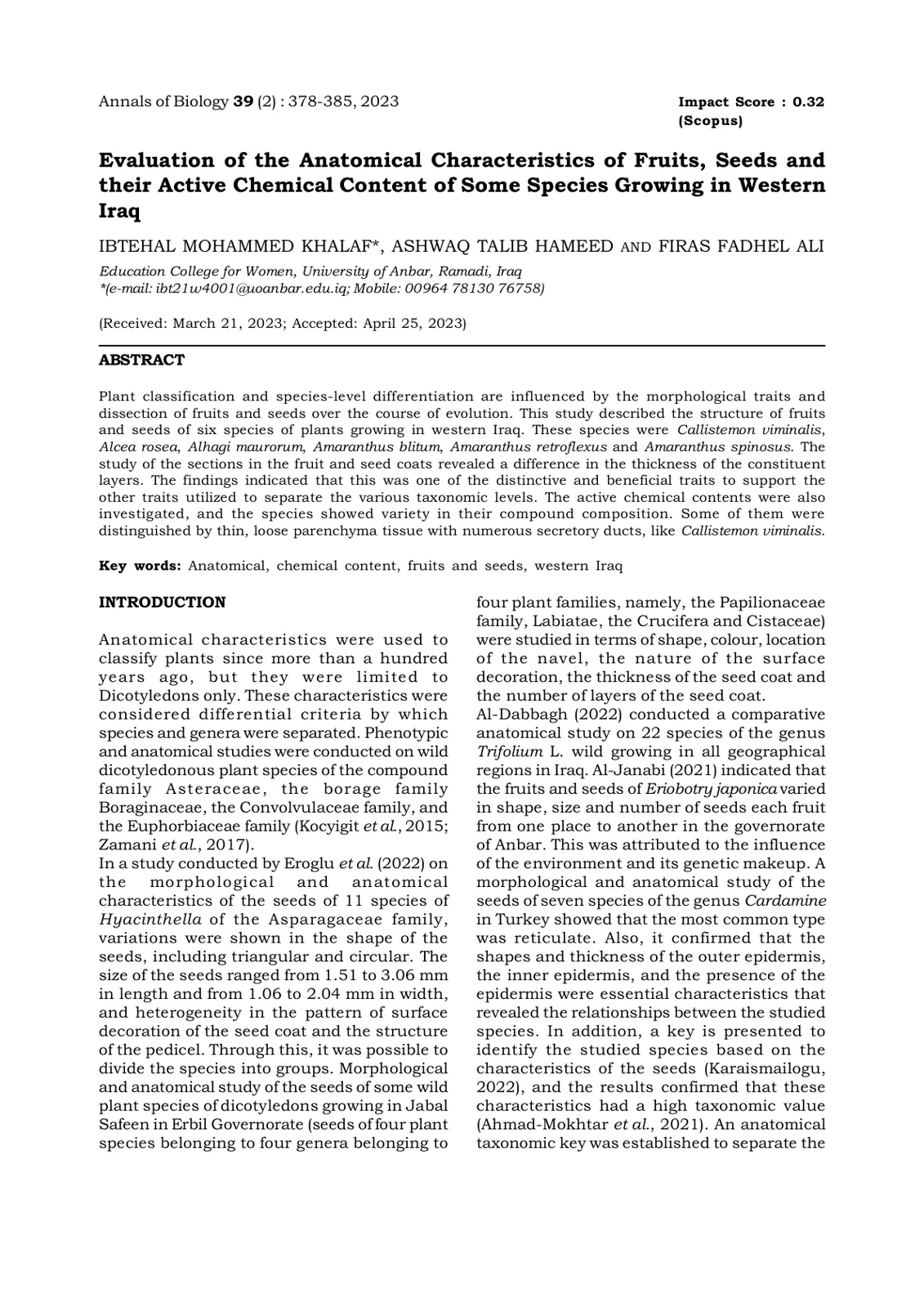غلاف تقرير Evaluation of the Anatomical Characteristics of Fruits, Seeds and their Active Chemical Content of Some Species Growing in Western Iraq
