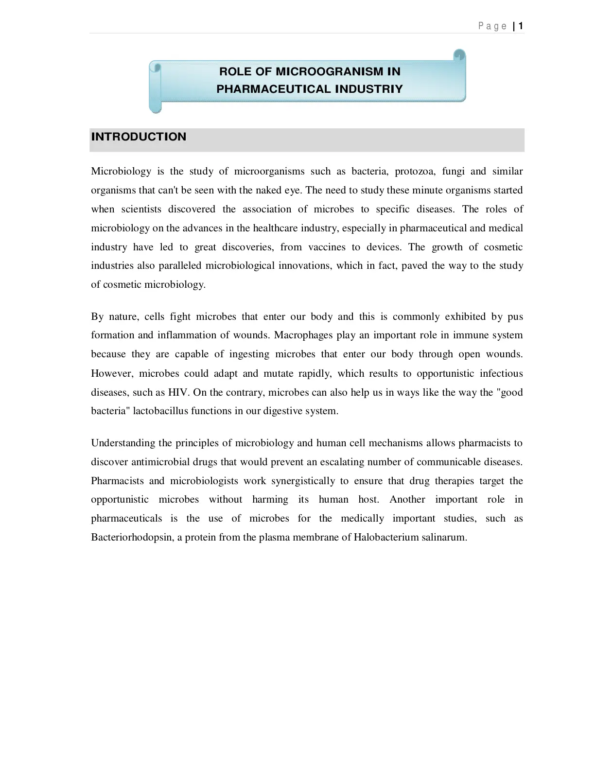 غلاف تقرير ROLE OF MICROORGANISM IN PHARMACEUTICAL INDUSTRY