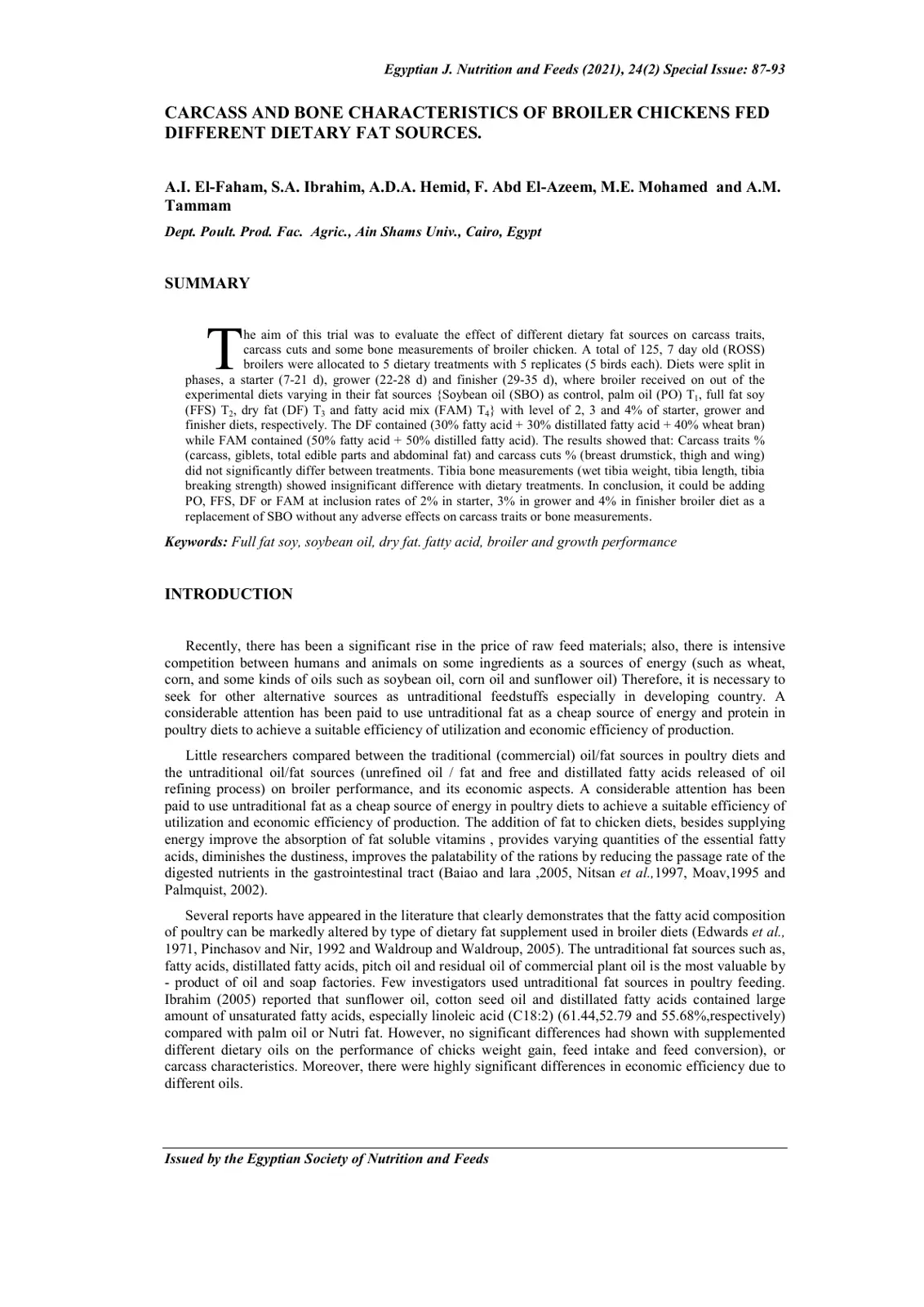 غلاف تقرير CARCASS AND BONE CHARACTERISTICS OF BROILER CHICKENS FED DIFFERENT DIETARY FAT SOURCES.