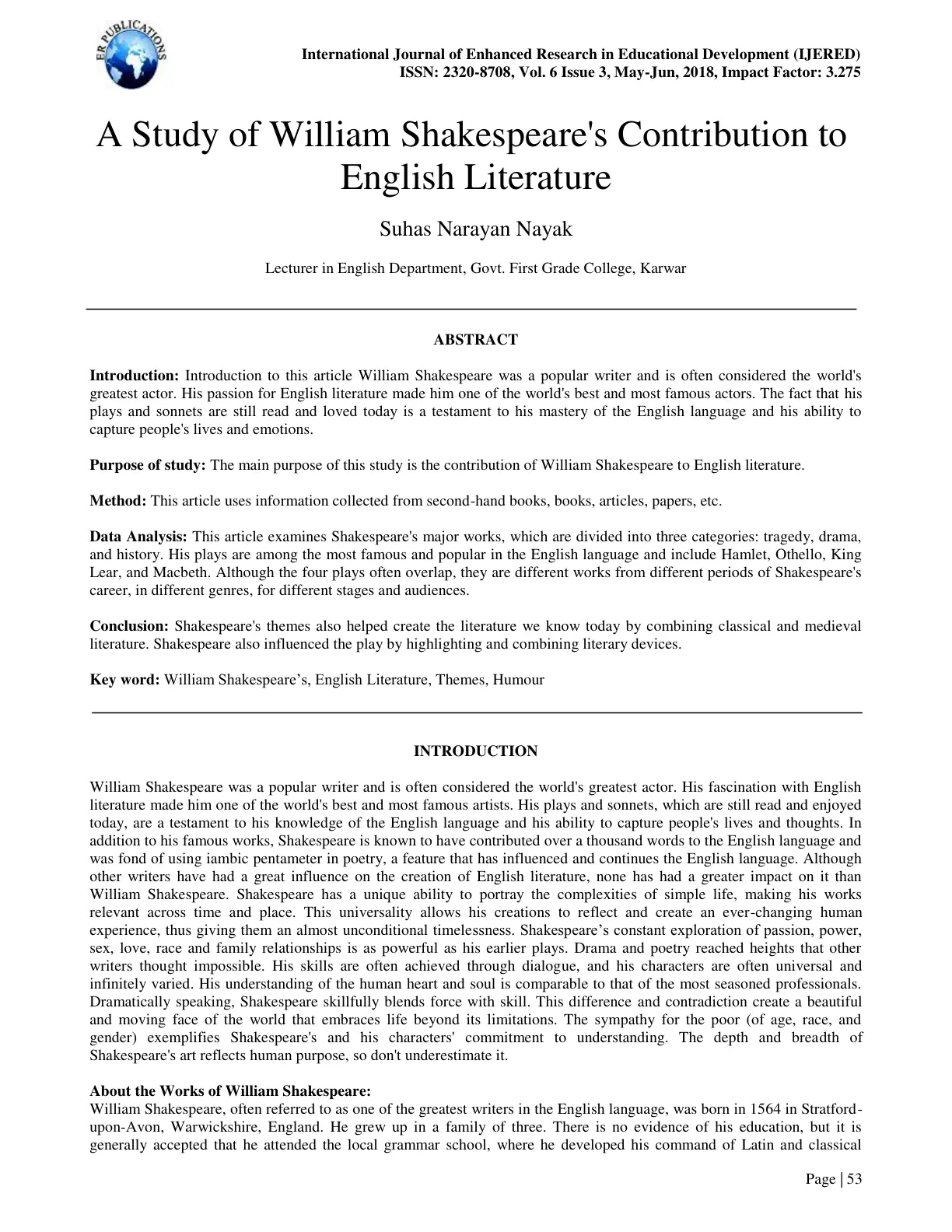 غلاف تقرير A Study of William Shakespeare's Contribution to English Literature