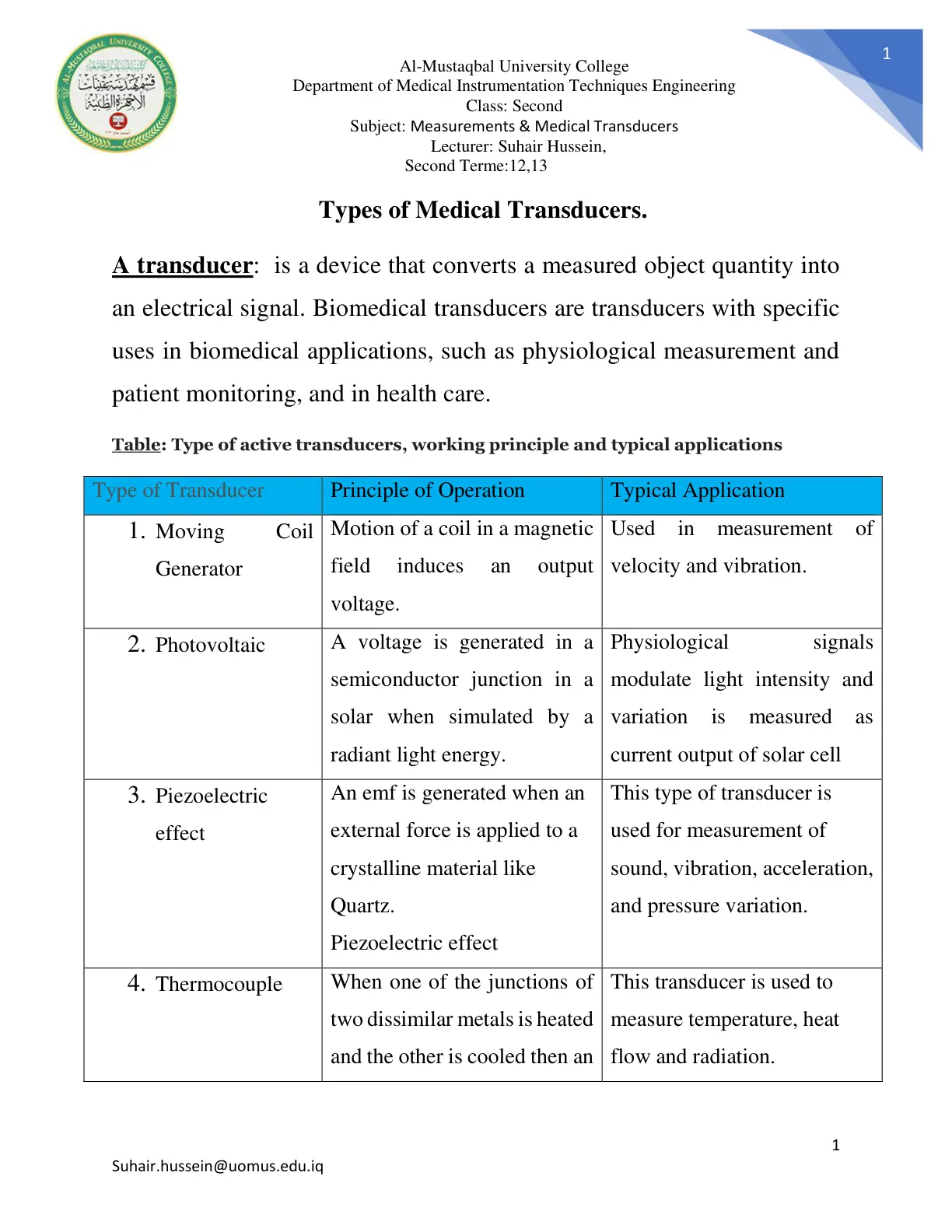 غلاف تقرير Measurements & Medical Transducers: Types of Medical Transducers