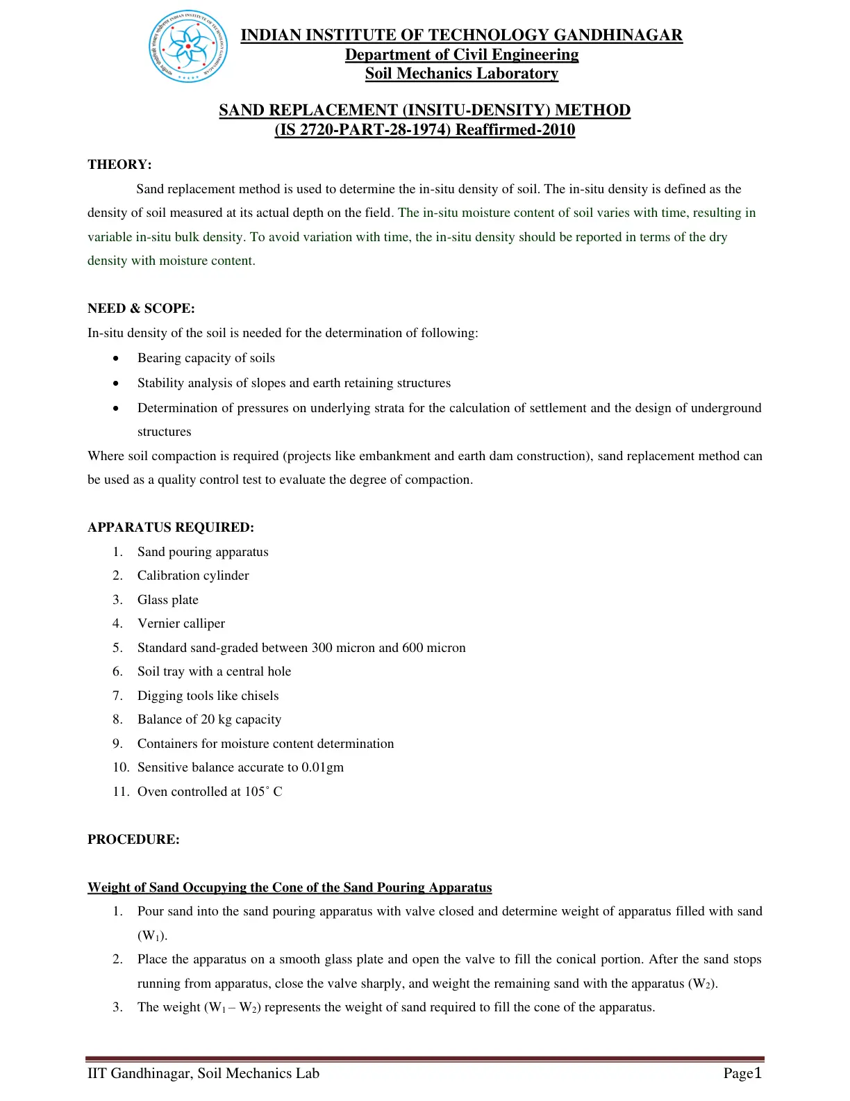 غلاف تقرير Sand Replacement (Insitu-Density) Method (IS 2720-Part-28-1974)