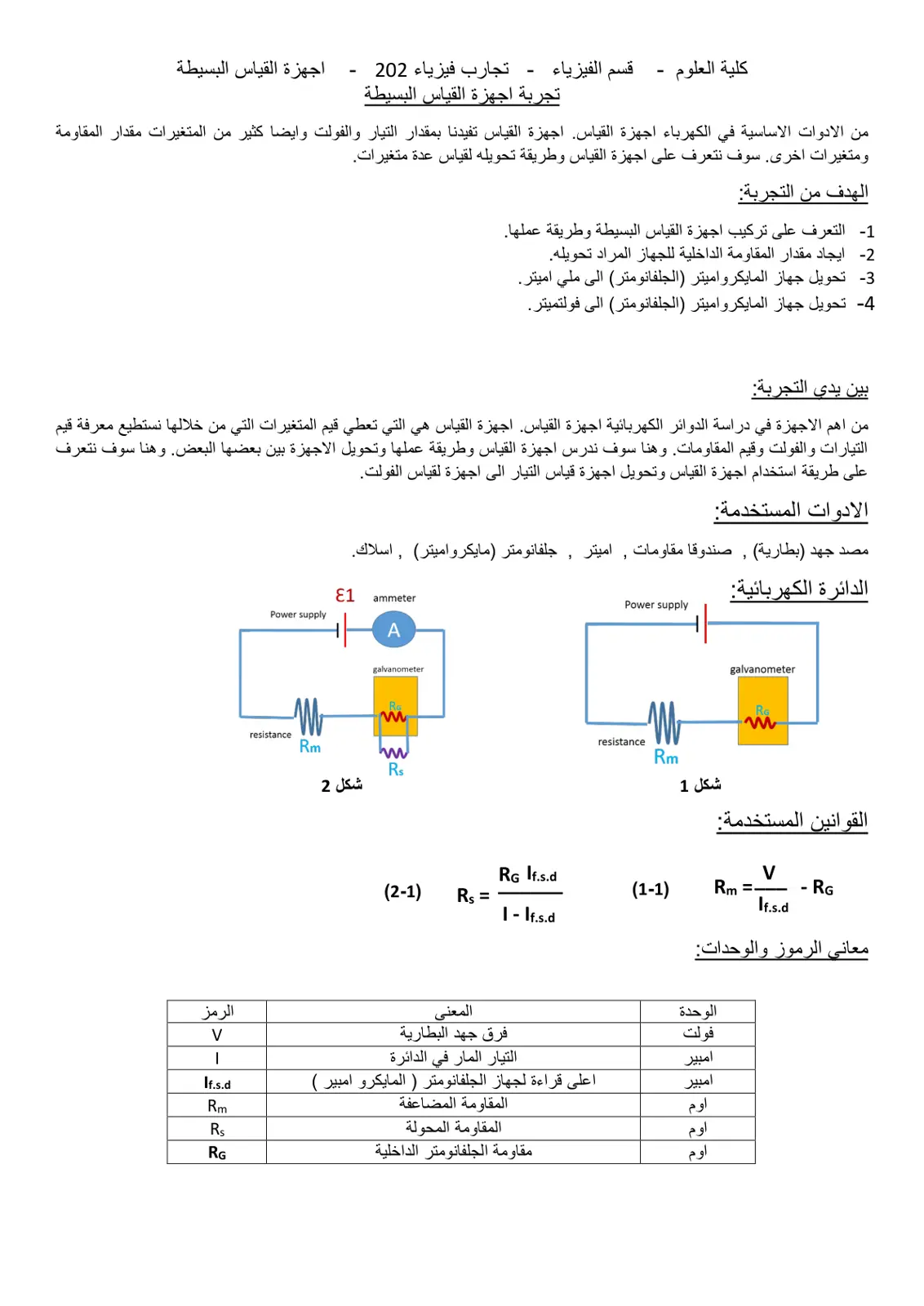 غلاف تقرير تجارب فيزياء 202 أجهزة القياس البسيطة