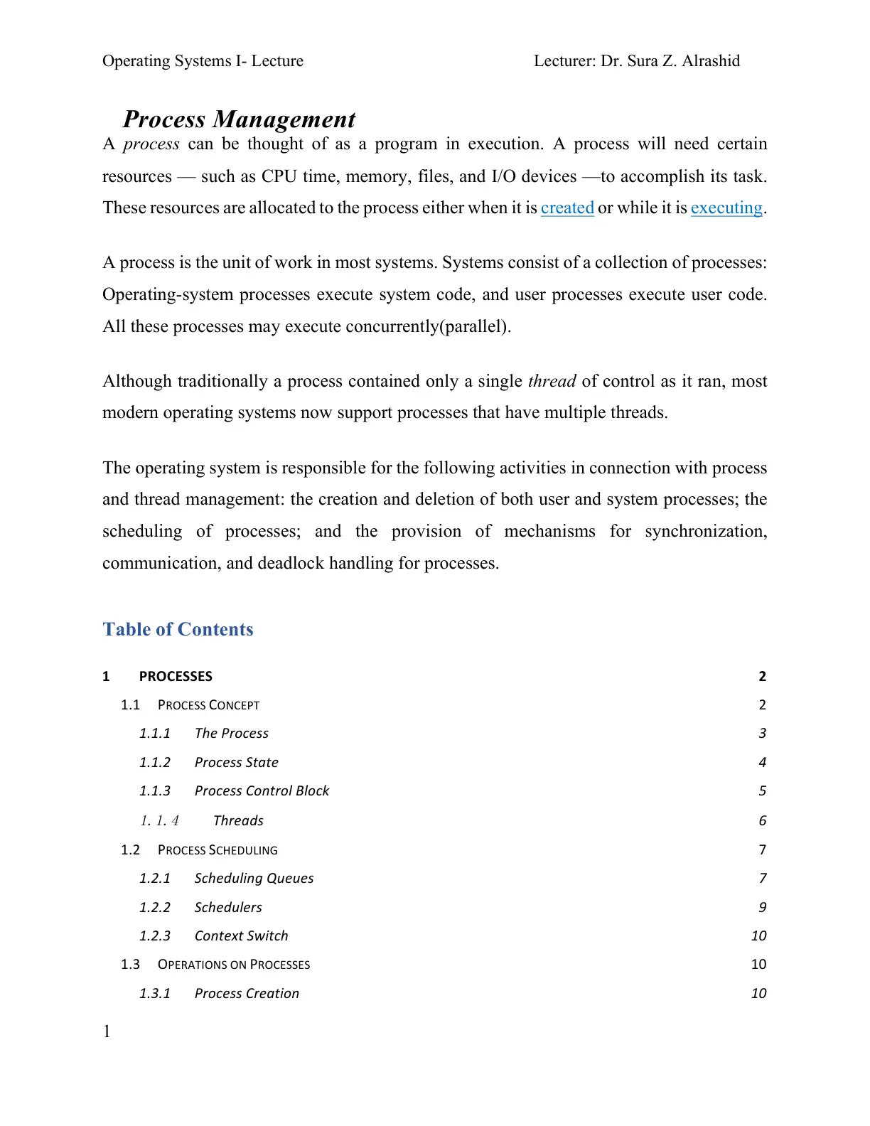 غلاف تقرير Operating Systems I - Lecture: Process Management
