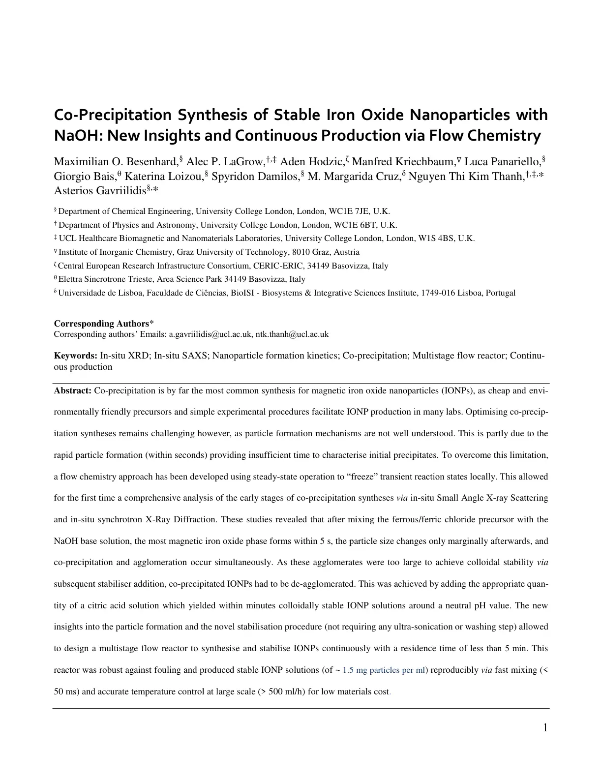 غلاف تقرير Co-Precipitation Synthesis of Stable Iron Oxide Nanoparticles with NaOH: New Insights and Continuous Production via Flow Chemistry