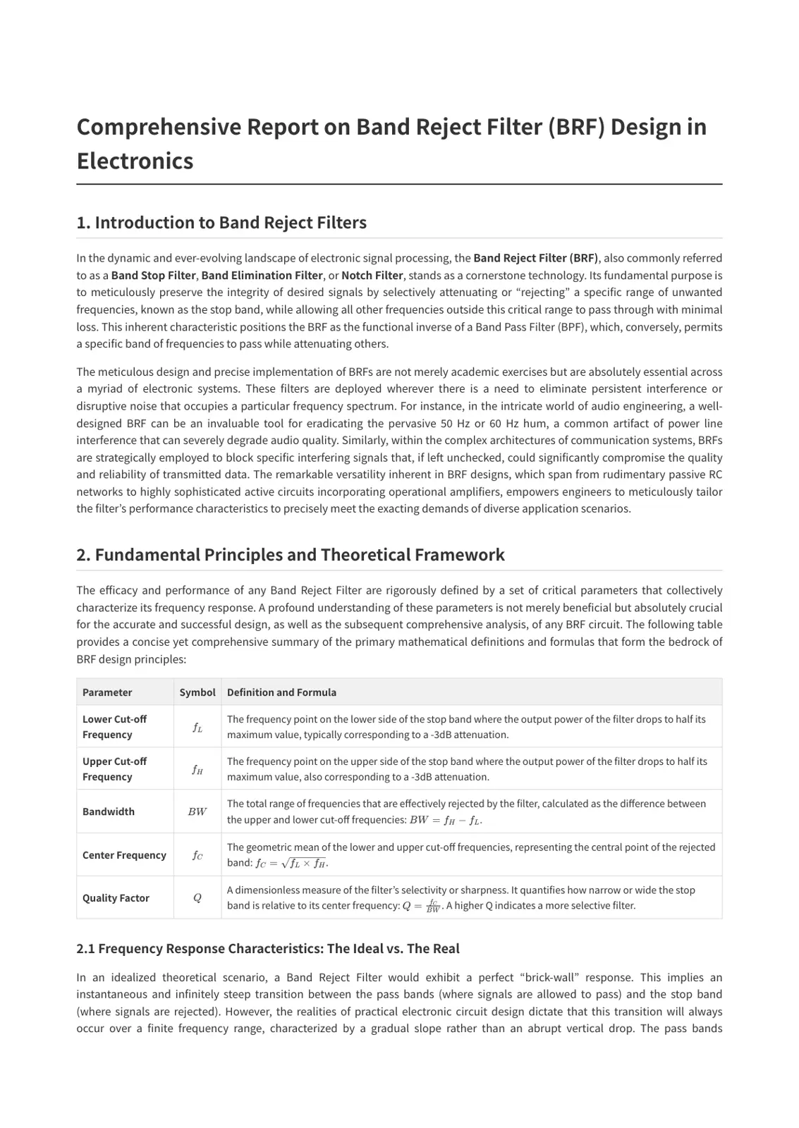 غلاف تقرير Comprehensive Report on Band Reject Filter (BRF) Design in Electronics