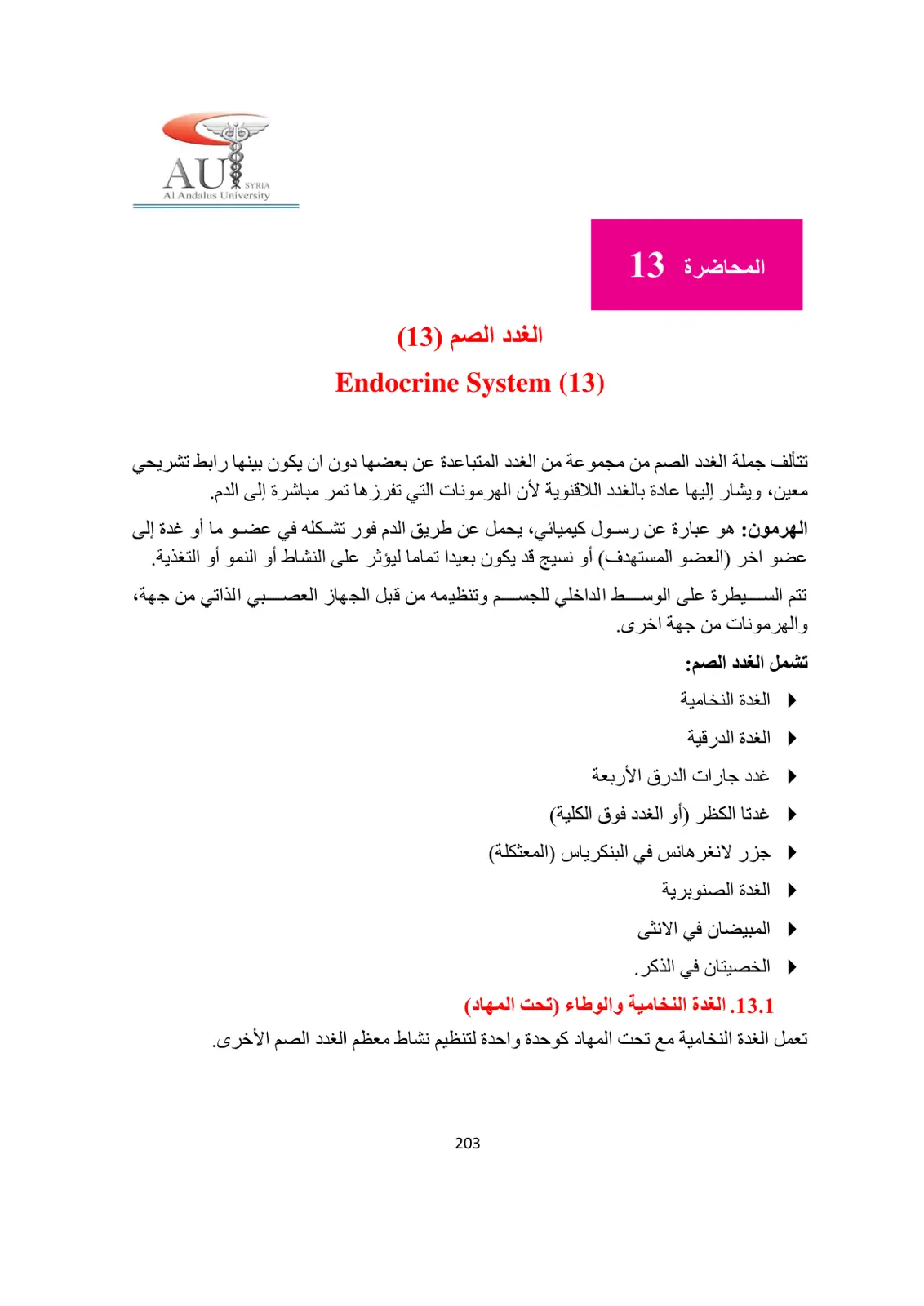 غلاف تقرير الغدد الصم (محاضرة 13) - Endocrine System