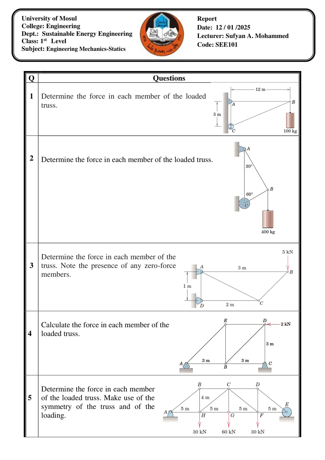 غلاف تقرير Engineering Mechanics-Statics Questions Report