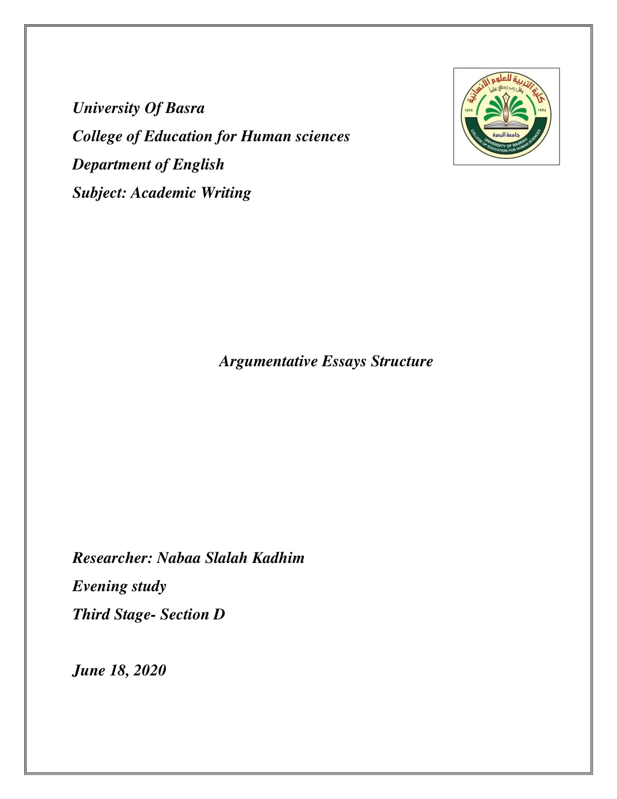 غلاف تقرير Argumentative Essays Structure