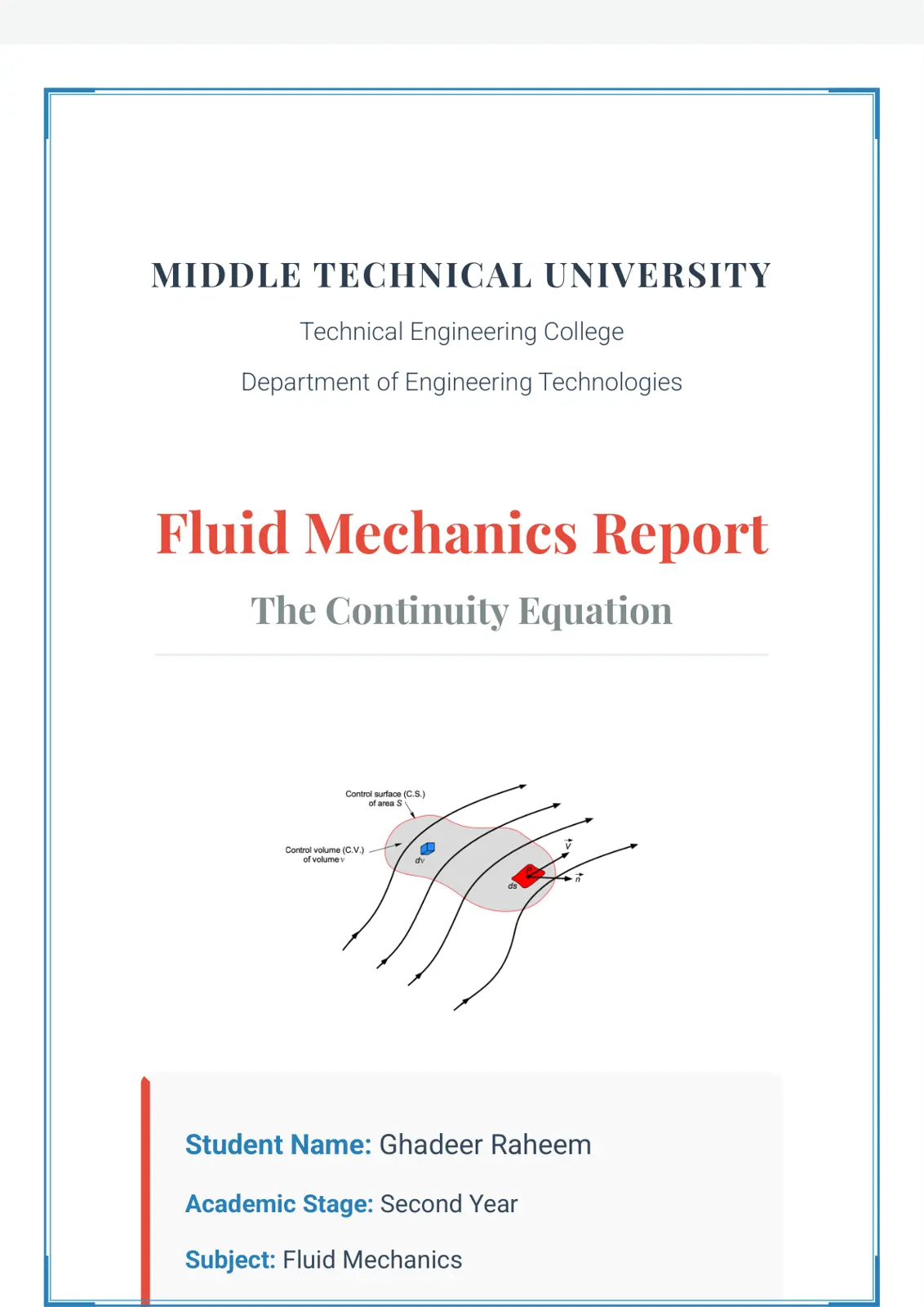 غلاف تقرير Fluid Mechanics Report
