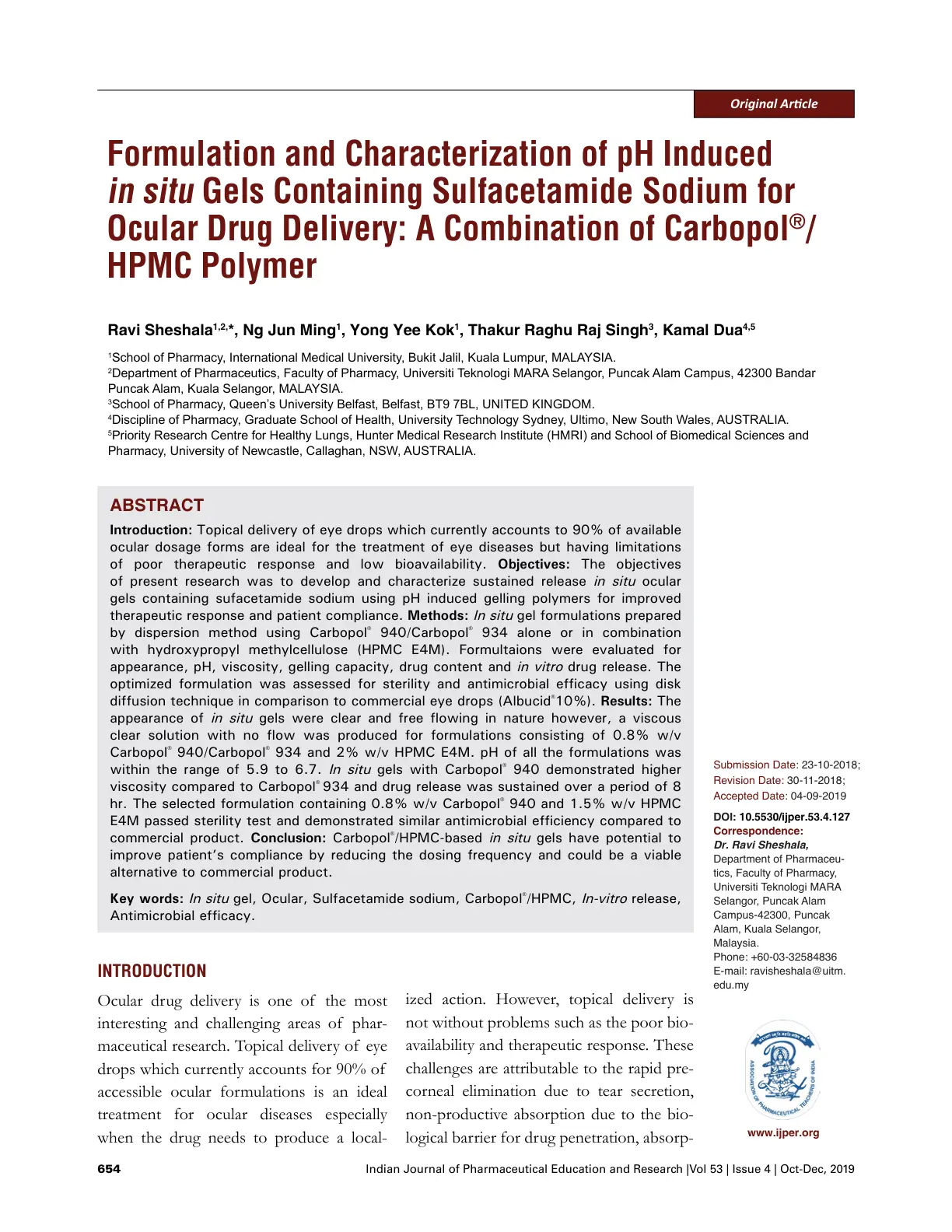 غلاف تقرير Formulation and Characterization of pH Induced in situ Gels Containing Sulfacetamide Sodium for Ocular Drug Delivery: A Combination of Carbopol/HPMC Polymer