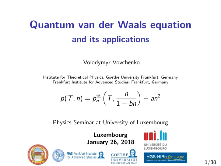 غلاف تقرير Quantum van der Waals Equation and its Applications