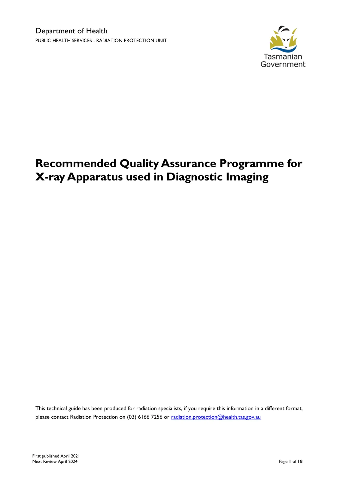 غلاف تقرير Recommended Quality Assurance Programme for X-ray Apparatus used in Diagnostic Imaging