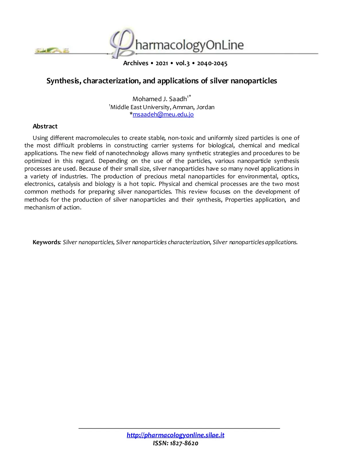 غلاف تقرير Synthesis, characterization, and applications of silver nanoparticles