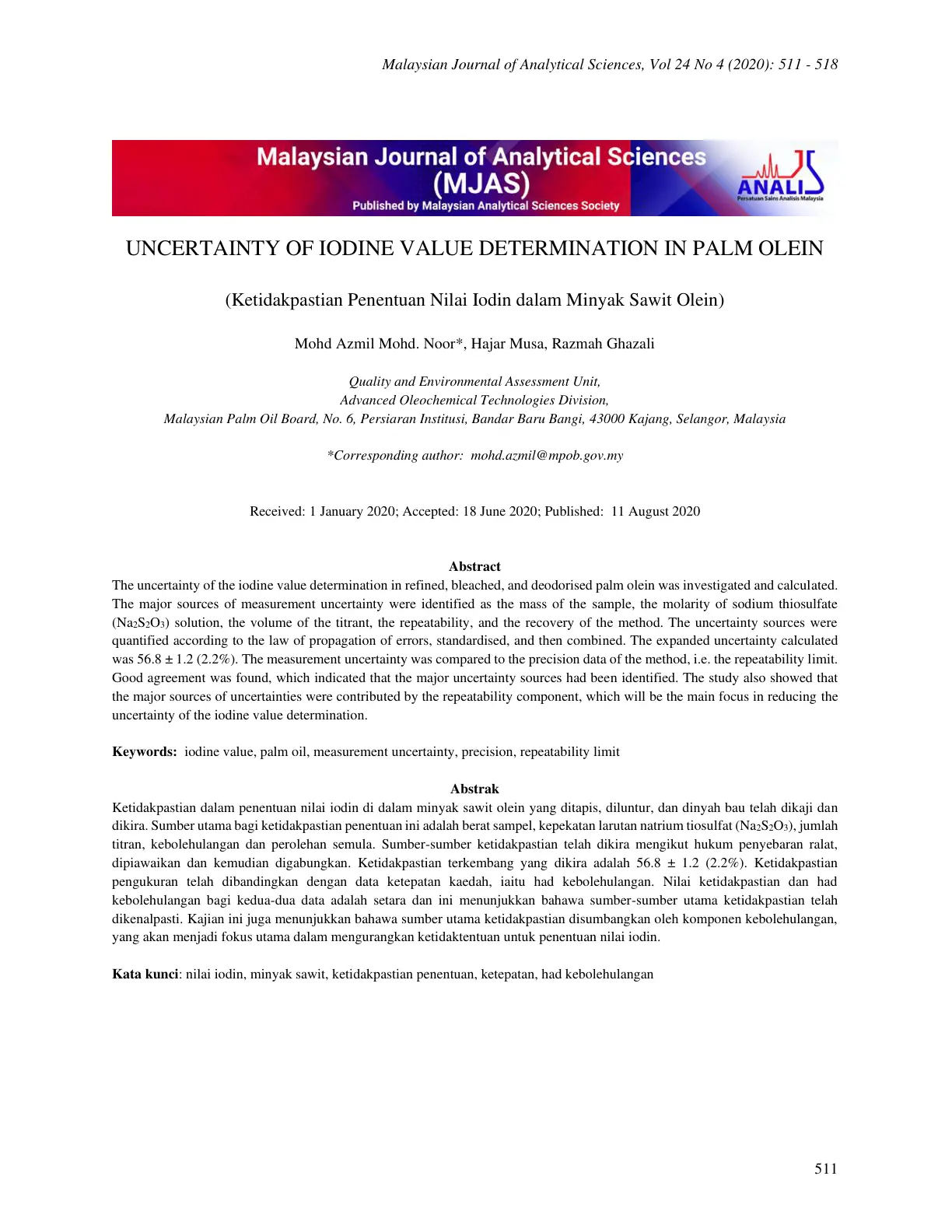 غلاف تقرير Uncertainty of Iodine Value Determination in Palm Olein