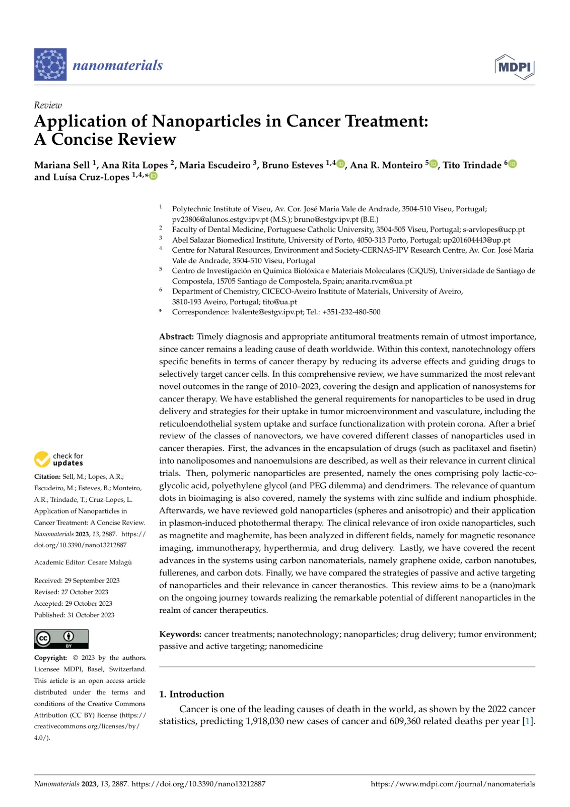 غلاف تقرير Application of Nanoparticles in Cancer Treatment: A Concise Review