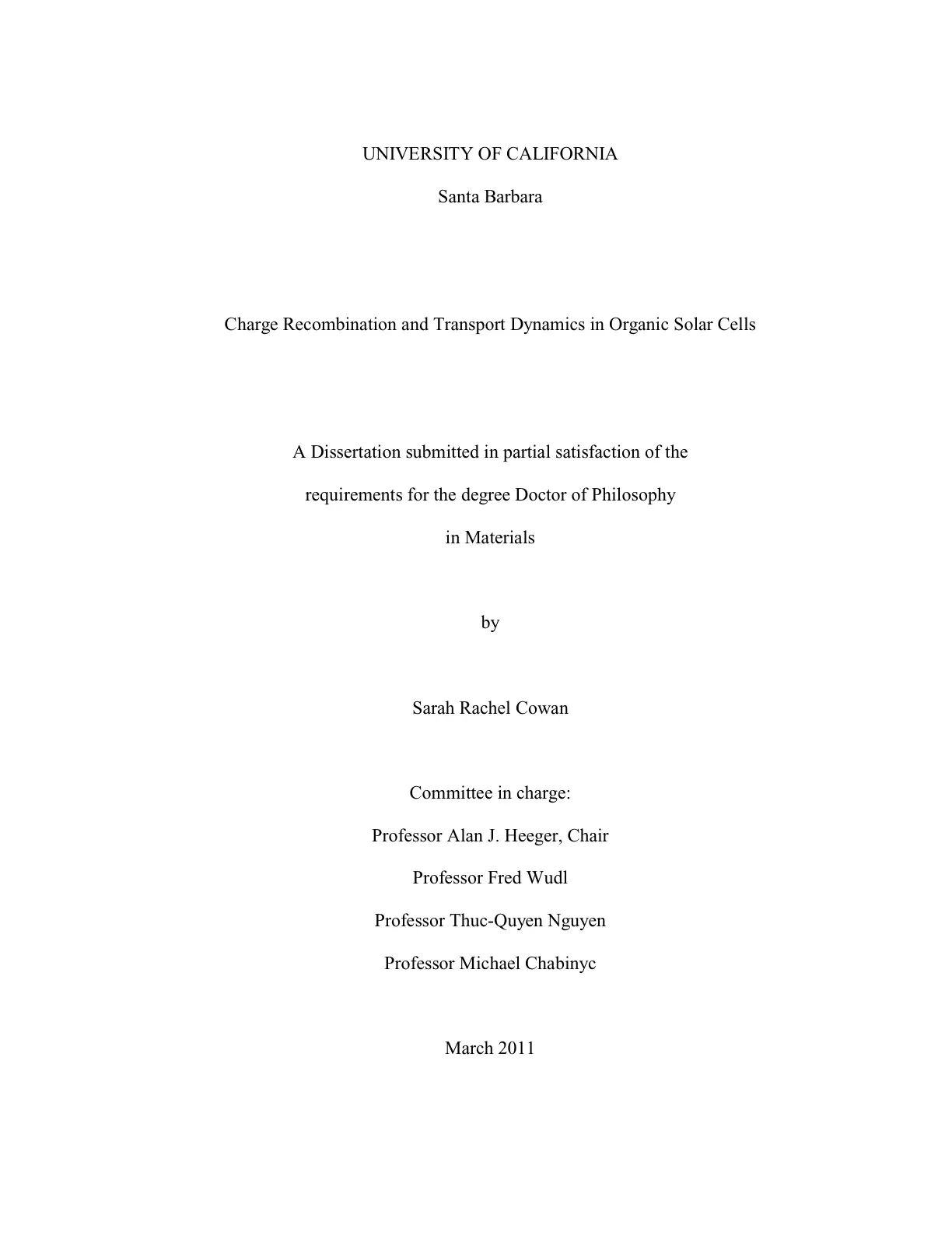 غلاف تقرير Charge Recombination and Transport Dynamics in Organic Solar Cells