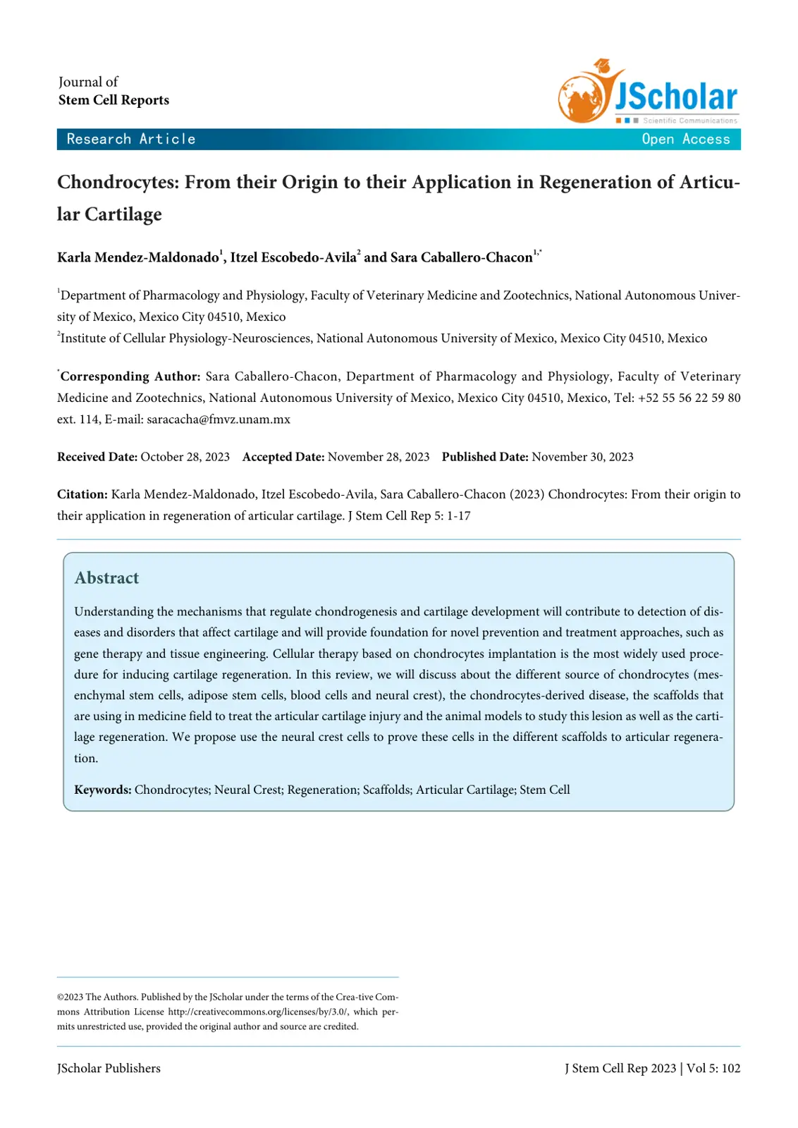 غلاف تقرير Chondrocytes: From their Origin to their Application in Regeneration of Articular Cartilage