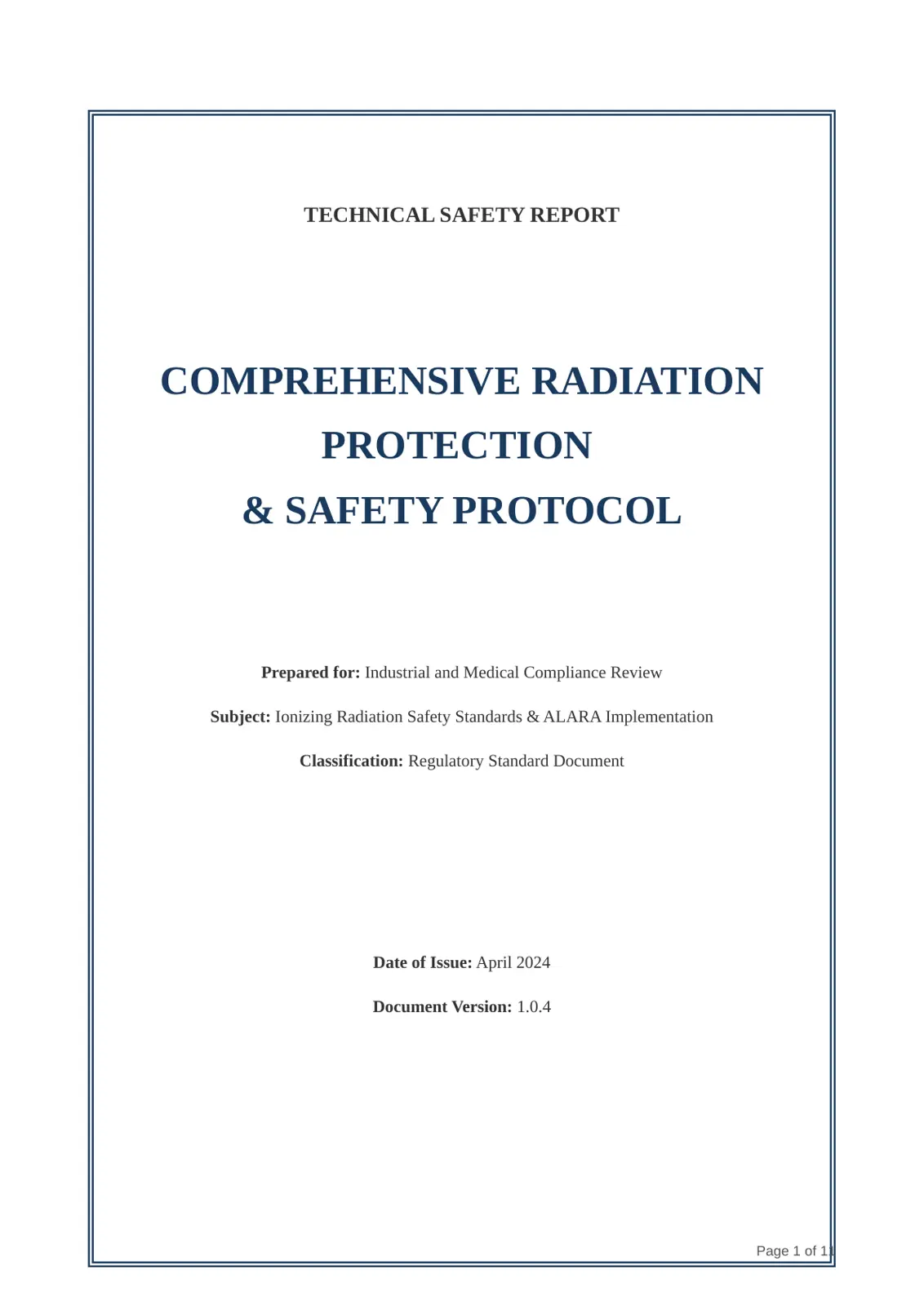 غلاف تقرير Comprehensive Radiation Protection & Safety Protocol