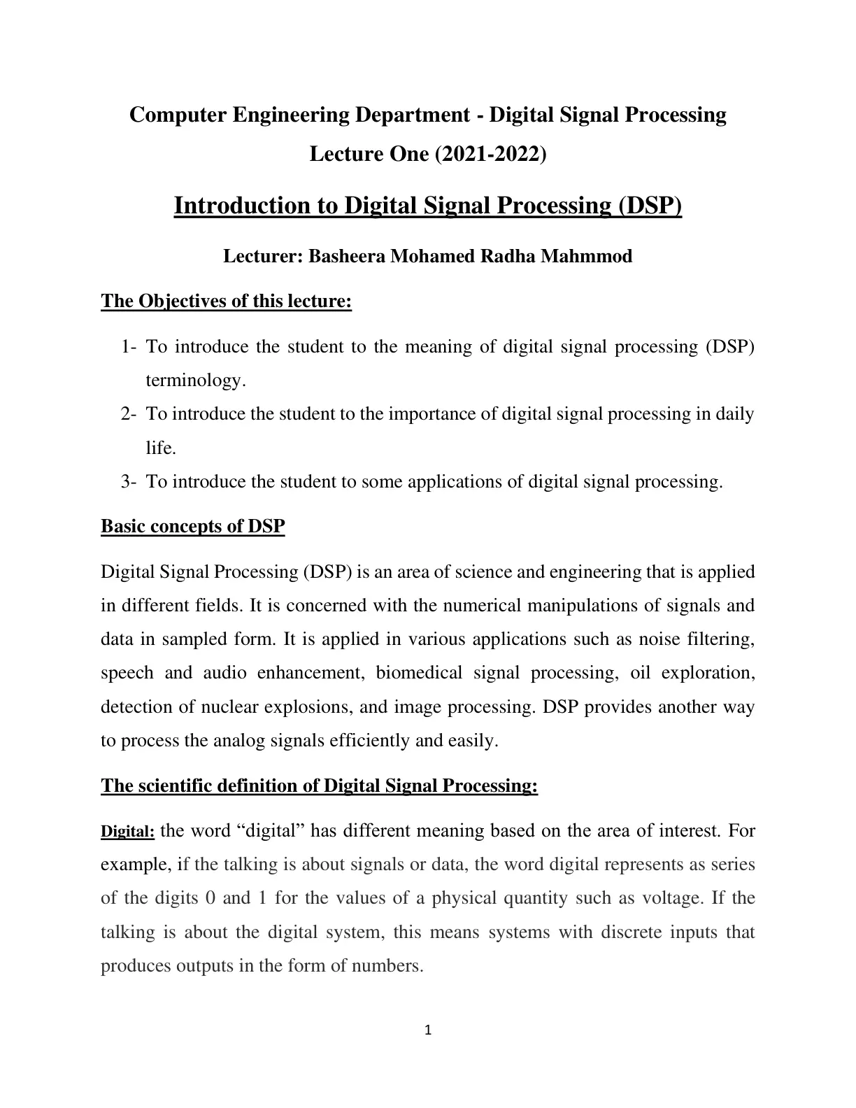 غلاف تقرير Lecture One: Introduction to Digital Signal Processing