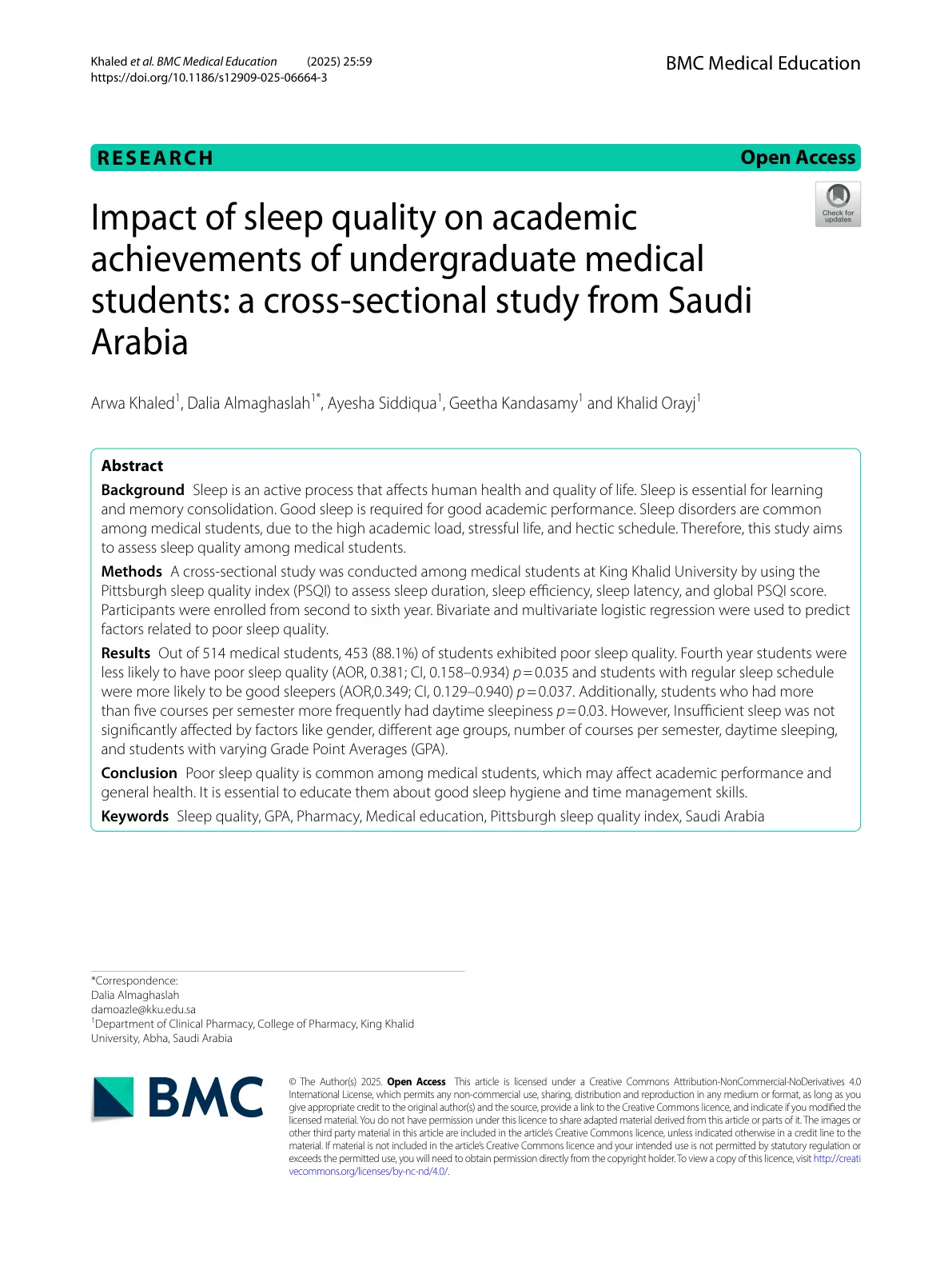 غلاف تقرير Impact of sleep quality on academic achievements of undergraduate medical students: a cross-sectional study from Saudi Arabia