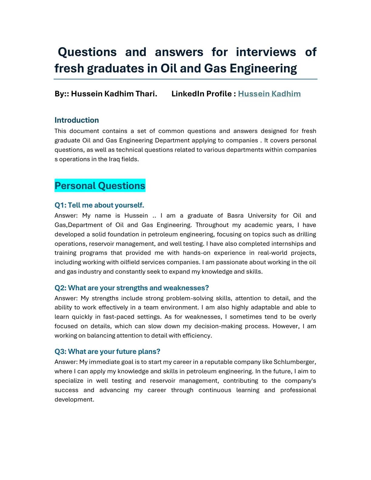 غلاف تقرير Questions and answers for interviews of fresh graduates in Oil and Gas Engineering