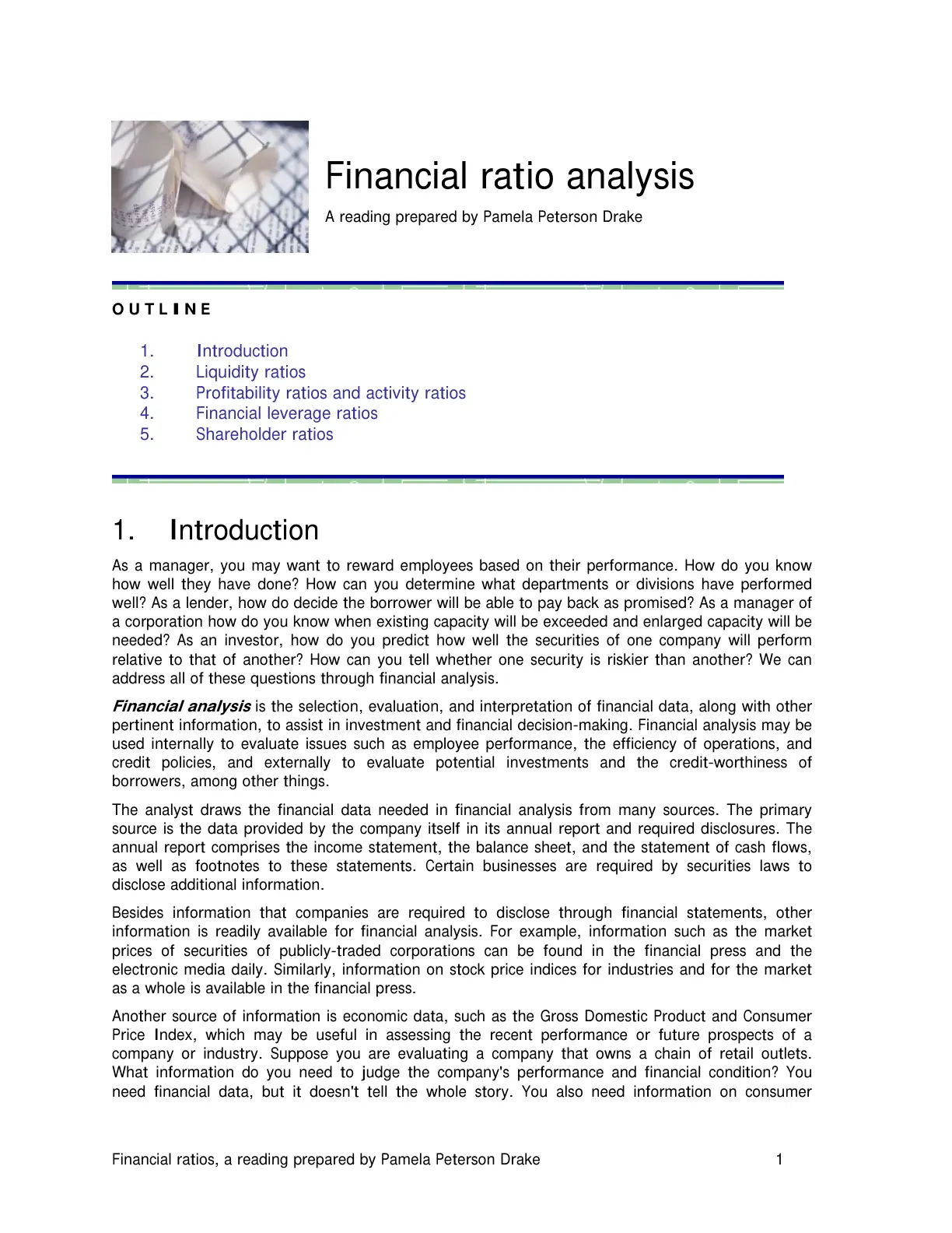 غلاف تقرير Financial ratio analysis