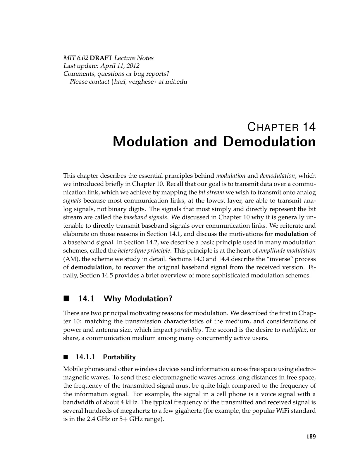 غلاف تقرير MIT 6.02 DRAFT — Chapter 14: Modulation and Demodulation